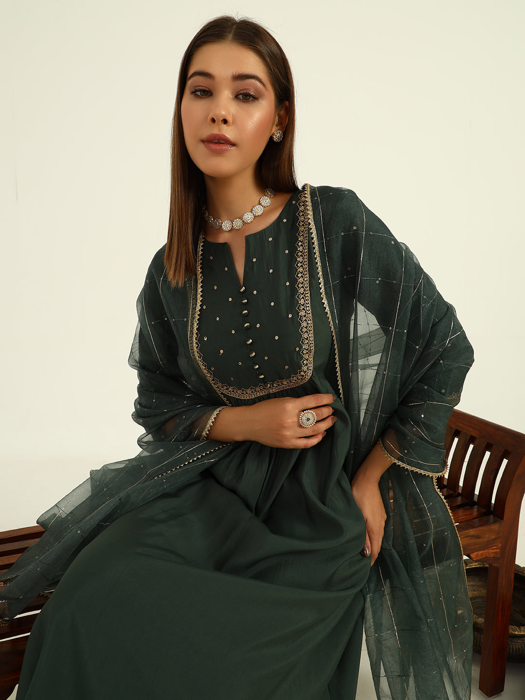 FIORRA Women's Green Viscose Chanderi A-line Kurta with Pant and Dupatta