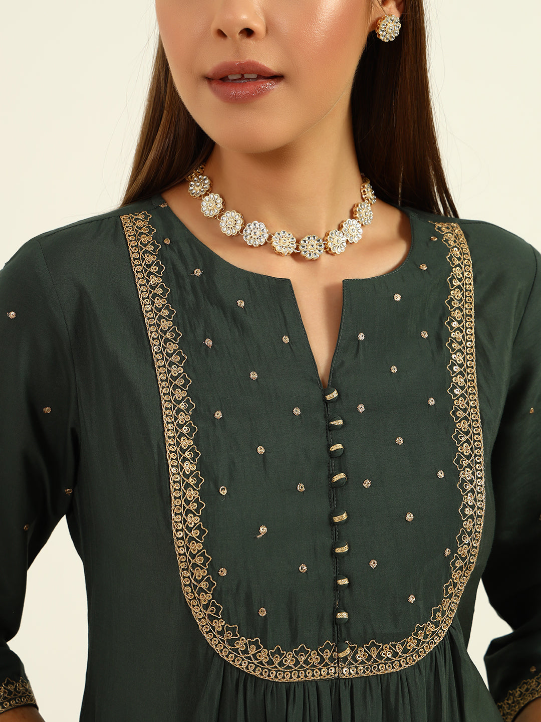 FIORRA Women's Green Viscose Chanderi A-line Kurta with Pant and Dupatta