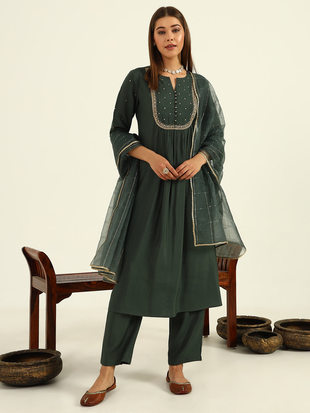 FIORRA Women's Green Viscose Chanderi A-line Kurta with Pant and Dupatta