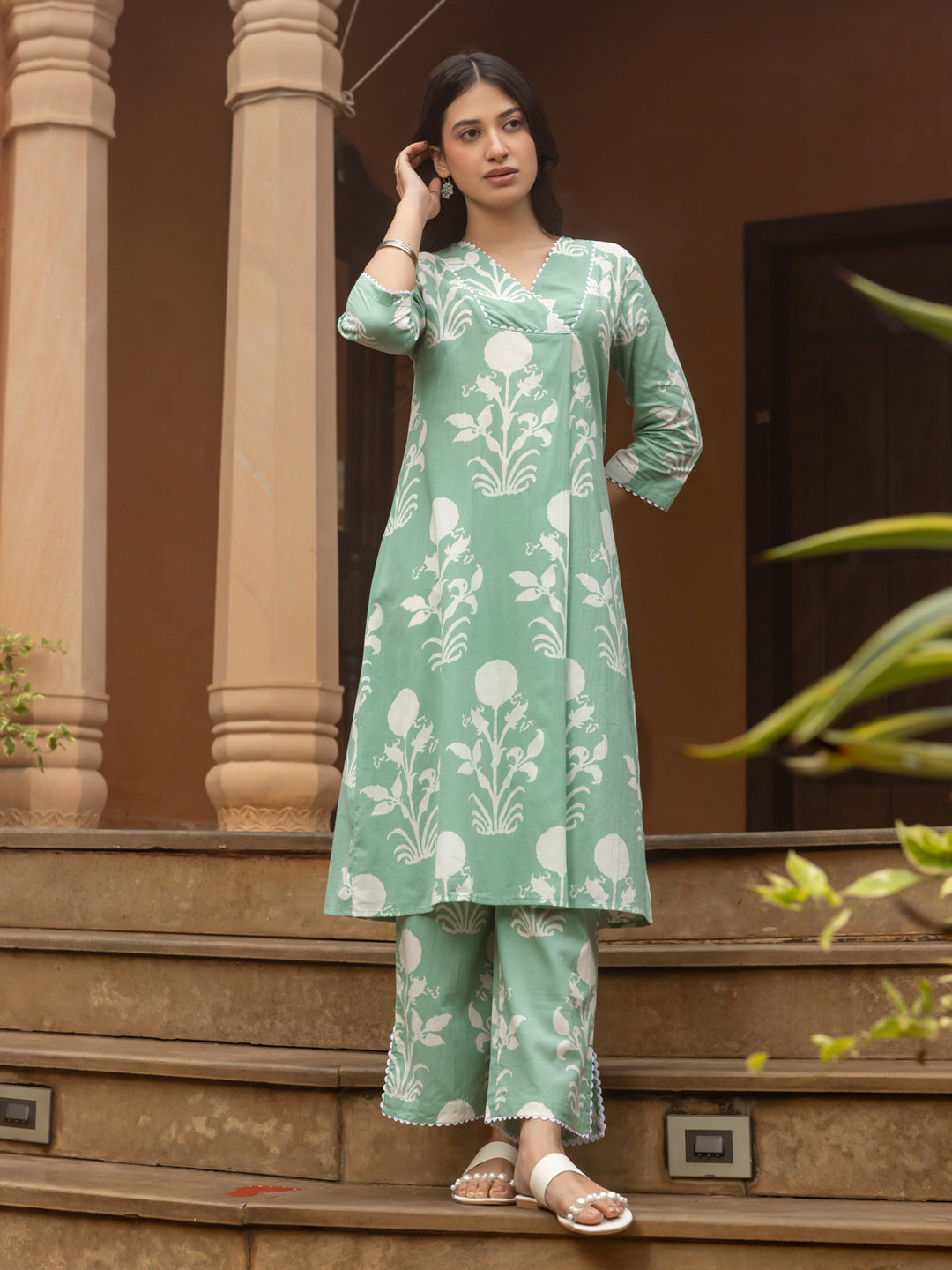 FIORRA Women's Pista Green Cotton Flared Kurta Set