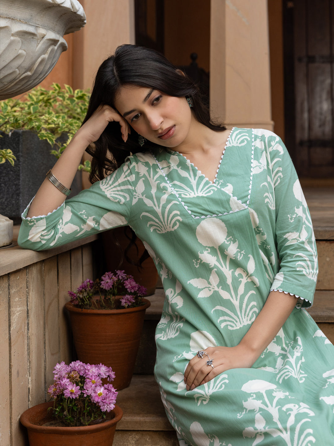 FIORRA Women's Pista Green Cotton Flared Kurta Set