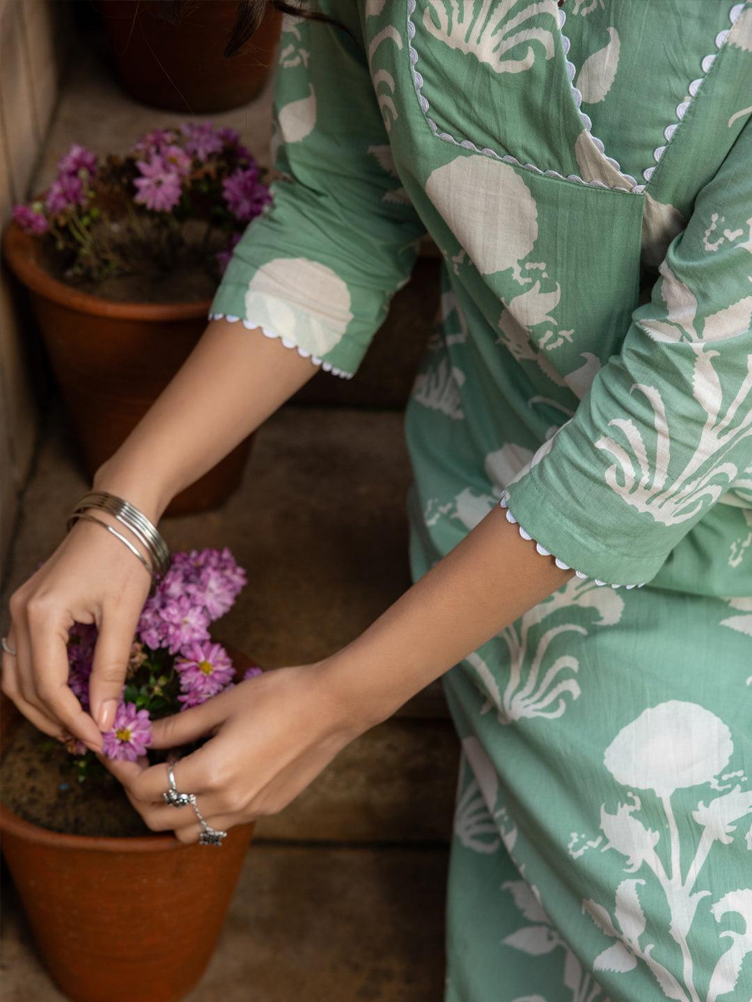 FIORRA Women's Pista Green Cotton Flared Kurta Set