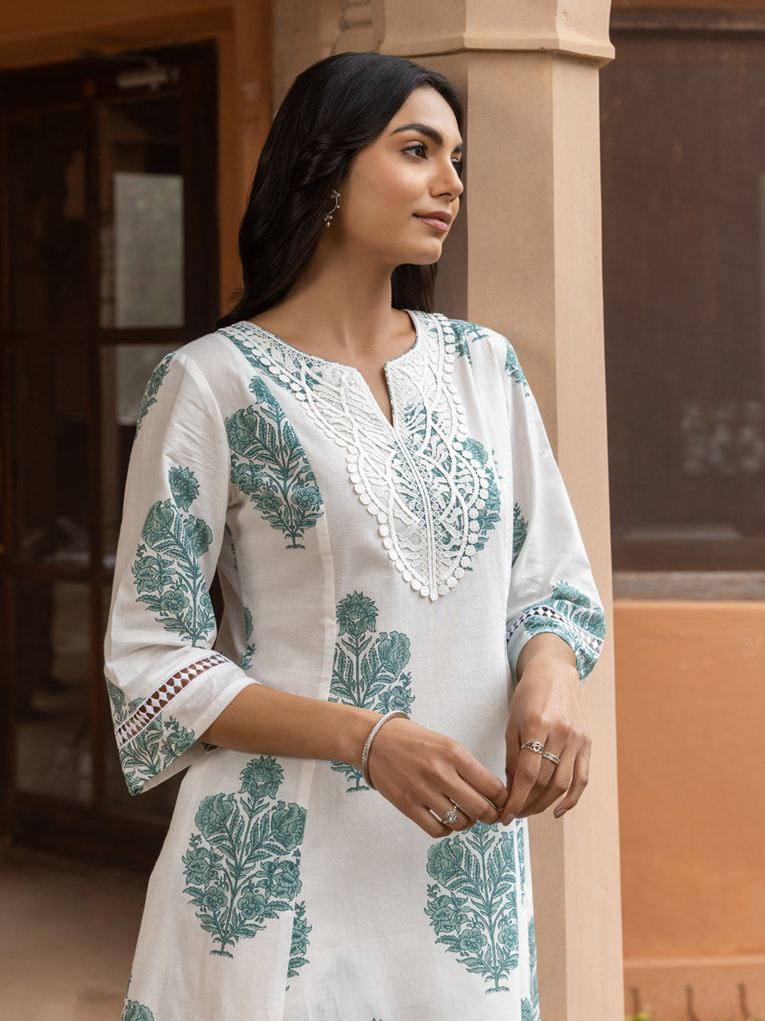 FIORRA Women's White Cotton Flared Kurta Set