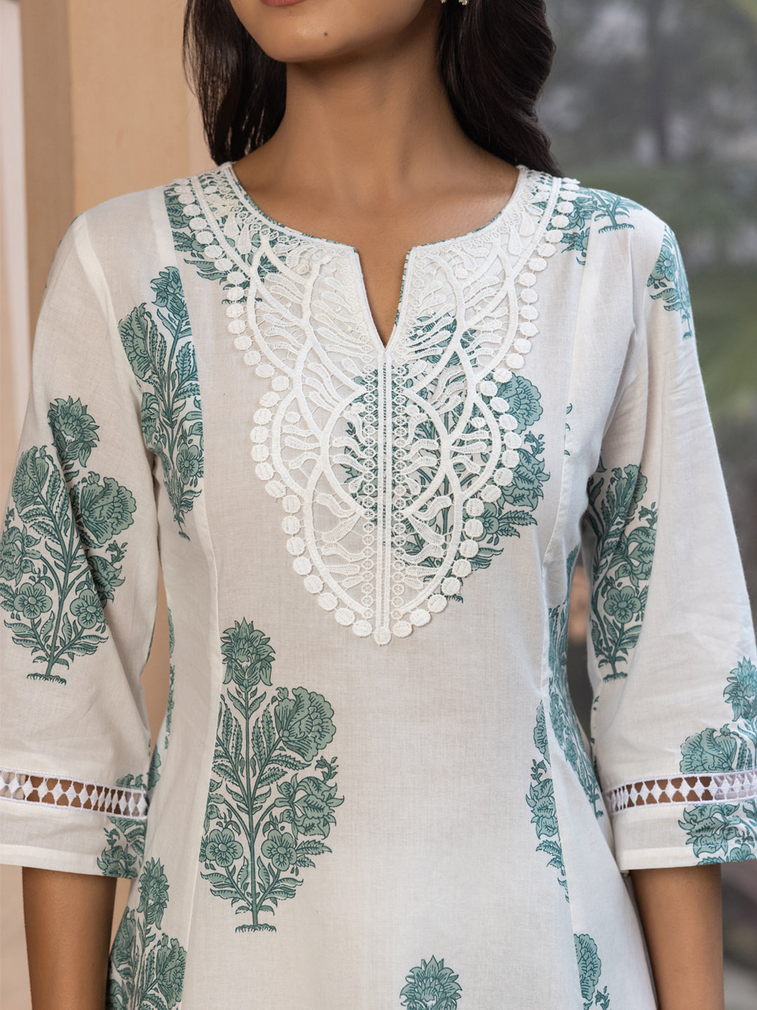 FIORRA Women's White Cotton Flared Kurta Set