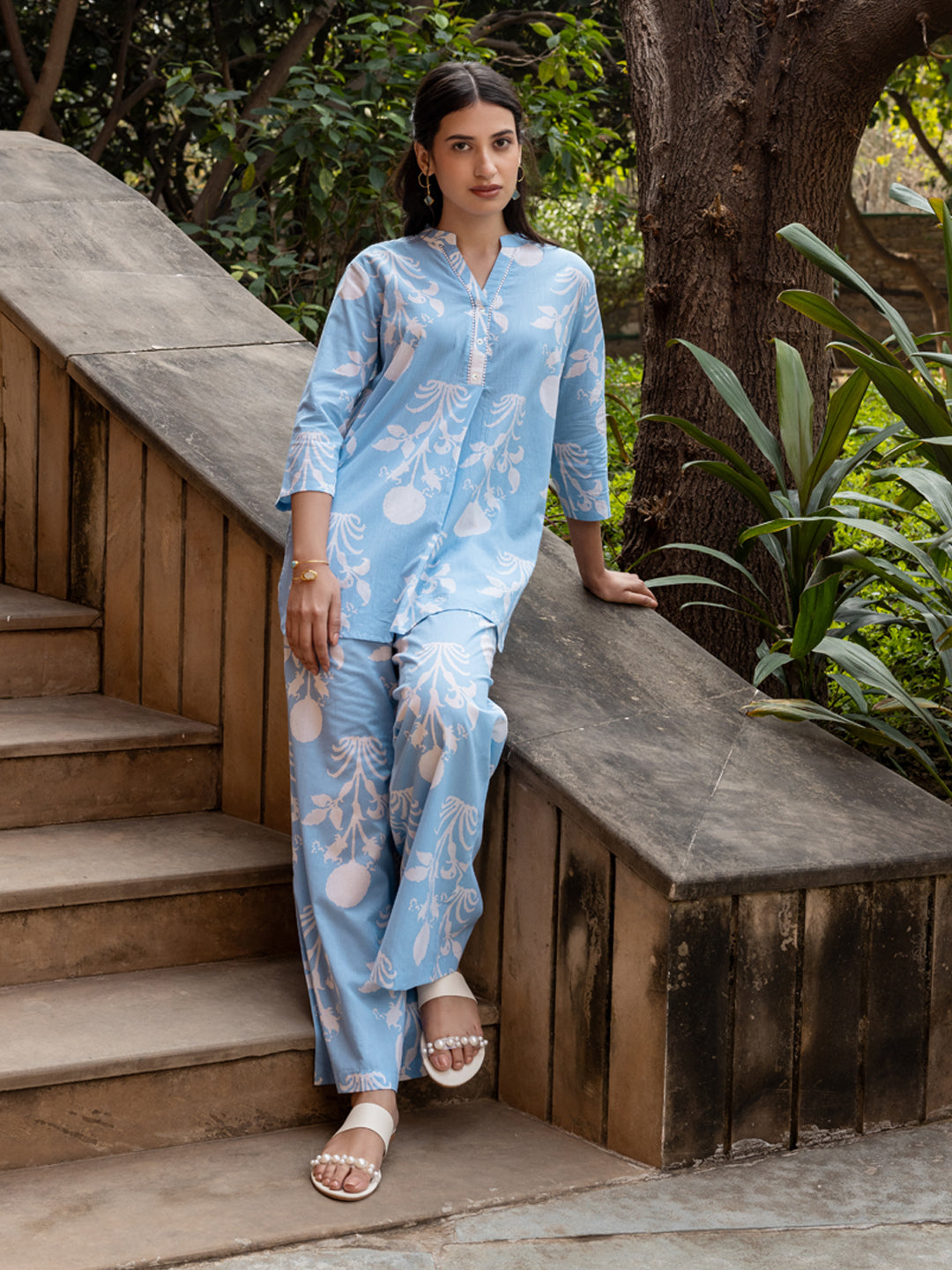 FIORRA Women's Sky Blue Cotton Printed Co-ord Set