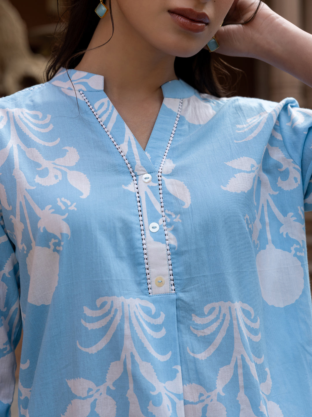 FIORRA Women's Sky Blue Cotton Printed Co-ord Set