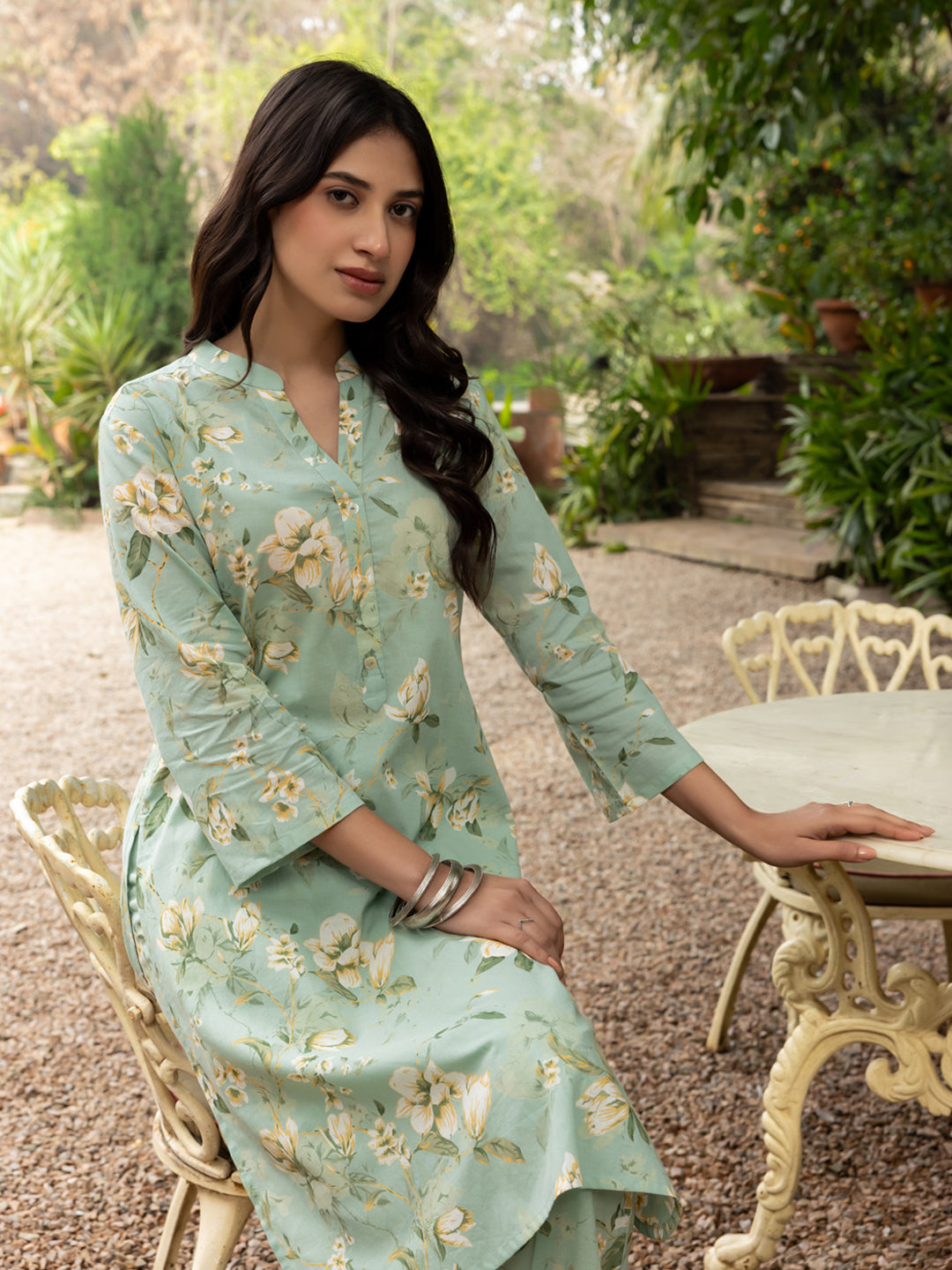 FIORRA Women's Pista green Cotton Printed Co-ord Set