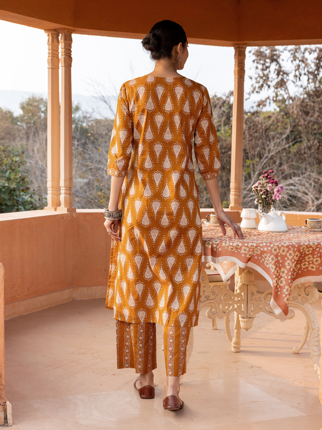 FIORRA Women's Mustard Cotton Printed Straight-Cut Kurta Set