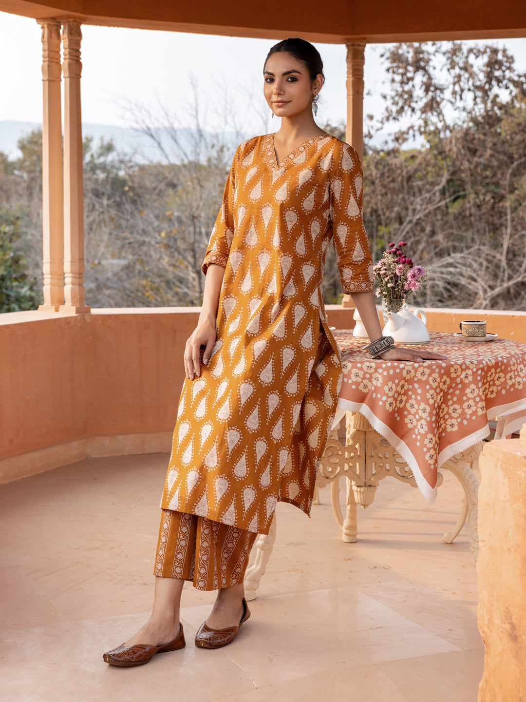FIORRA Women's Mustard Cotton Printed Straight-Cut Kurta Set