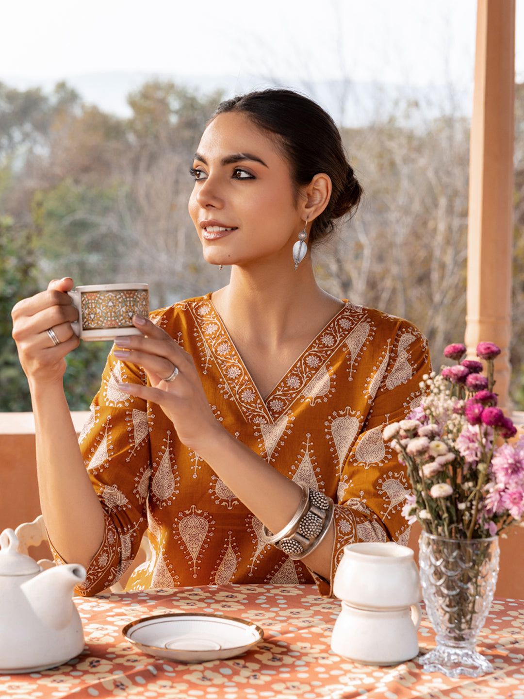 FIORRA Women's Mustard Cotton Printed Straight-Cut Kurta Set