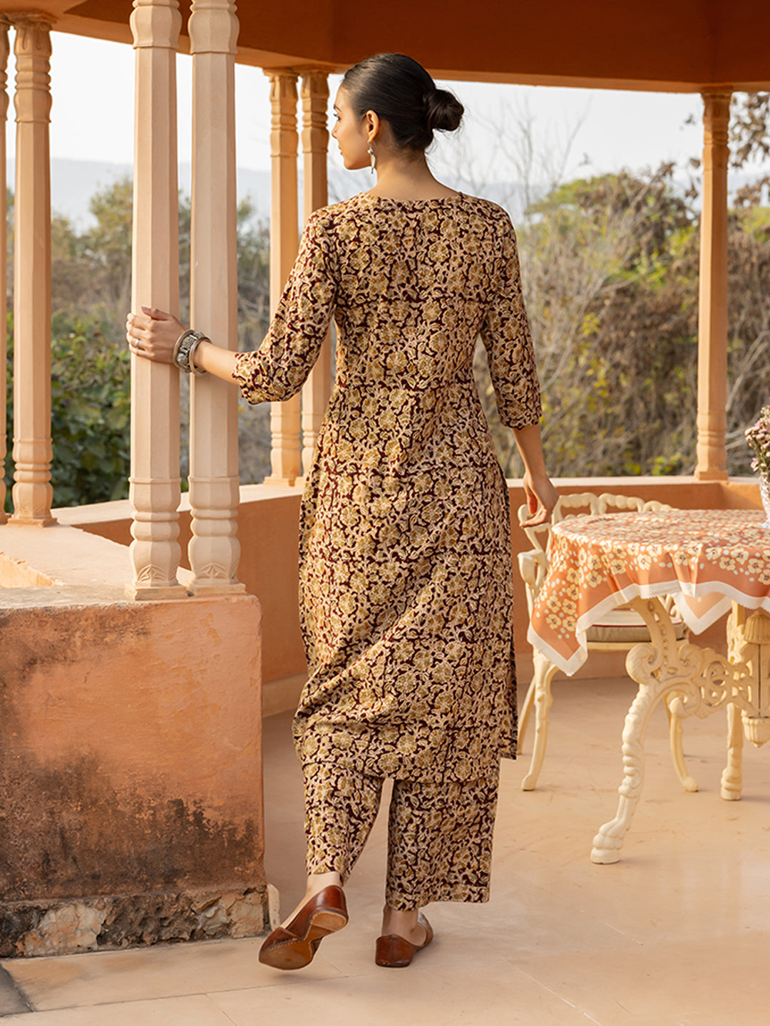 FIORRA Women's Maroon Floral Print Cotton Straight Kurta Set