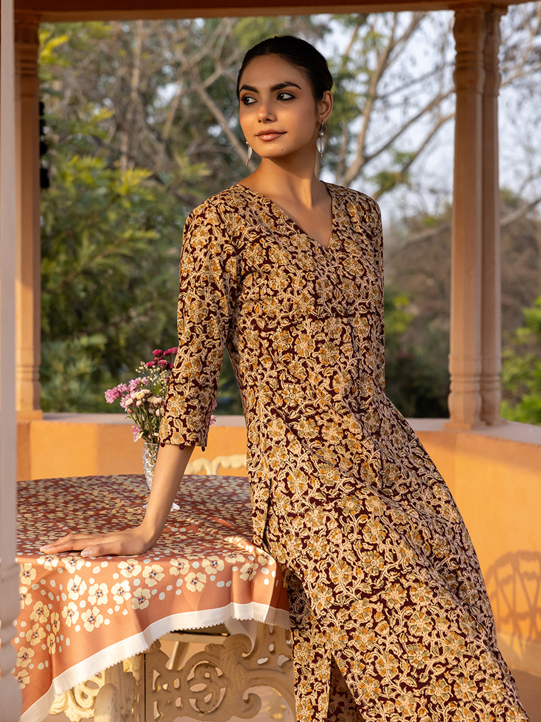 FIORRA Women's Maroon Floral Print Cotton Straight Kurta Set