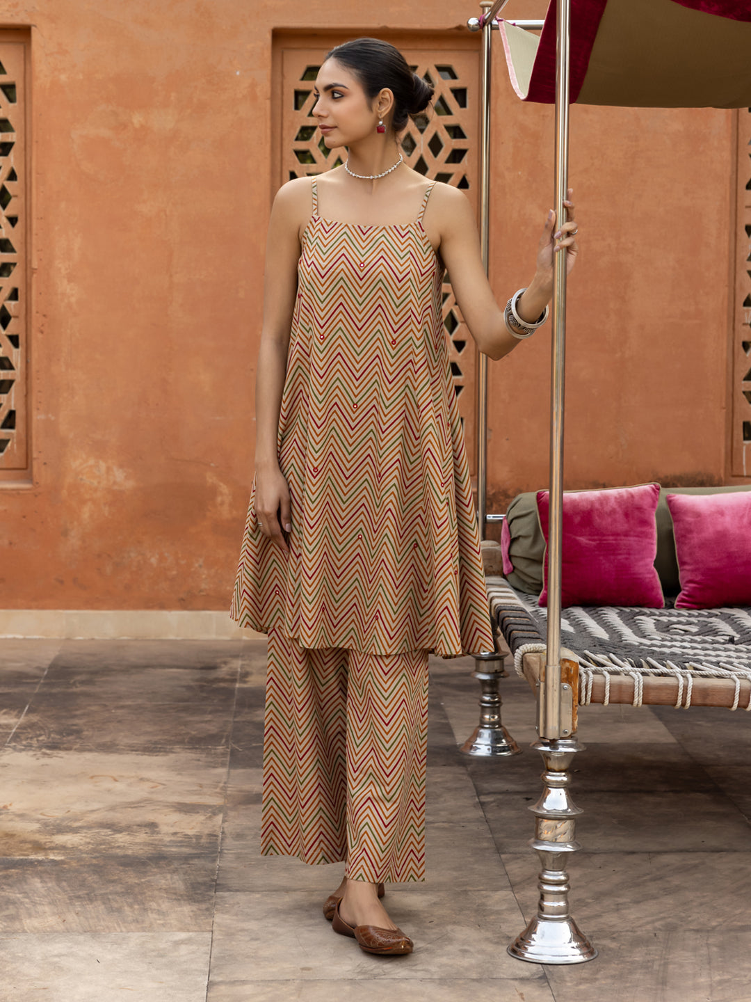 FIORRA Women's Beige Printed Cotton A-Line Kurta Set