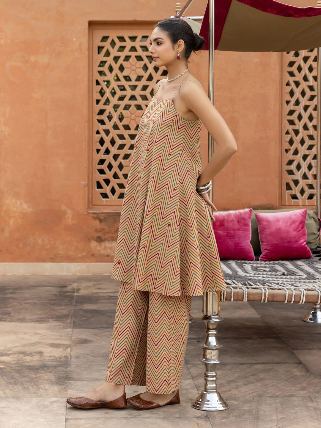 FIORRA Women's Beige Printed Cotton A-Line Kurta Set