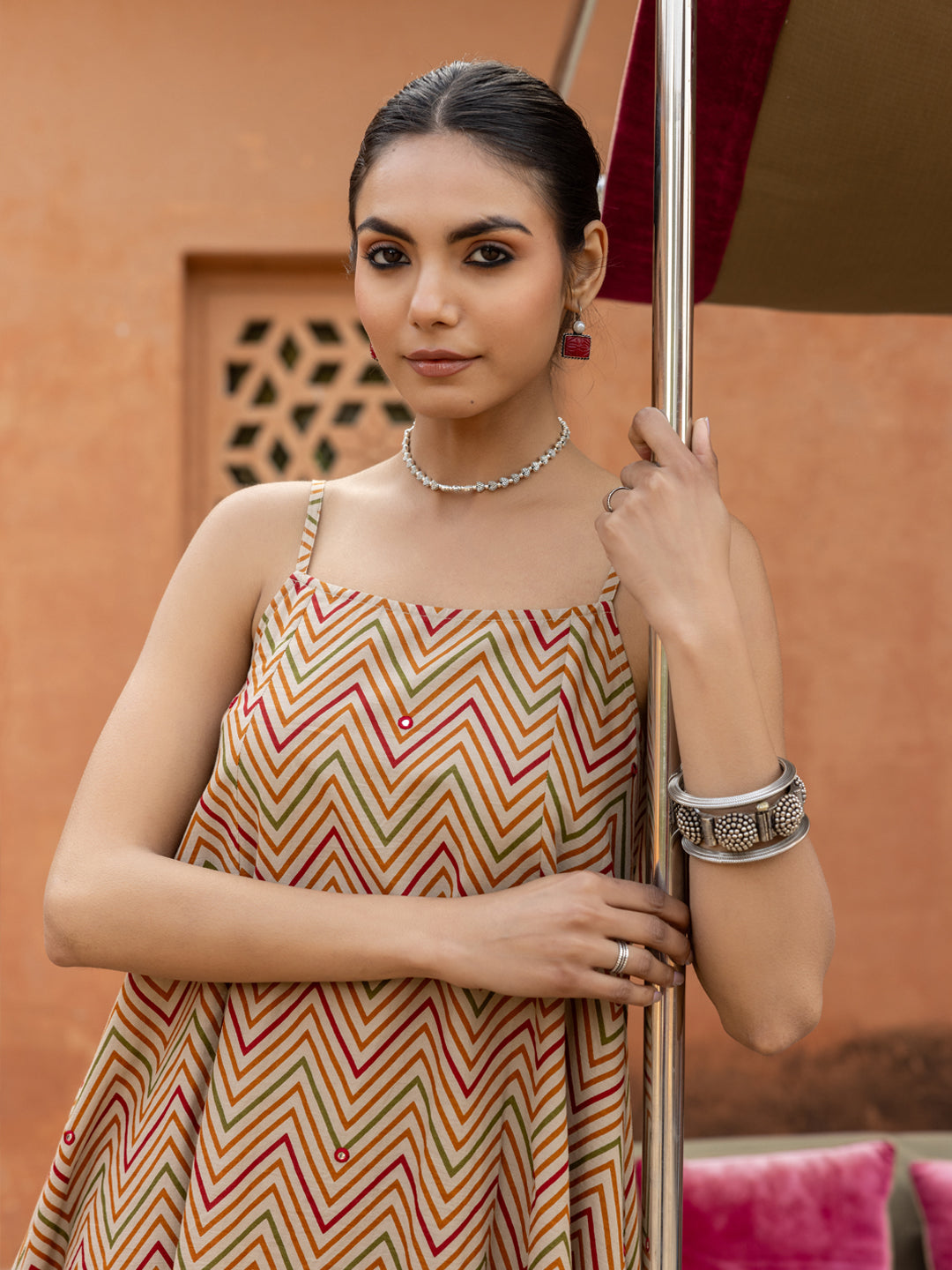 FIORRA Women's Beige Printed Cotton A-Line Kurta Set