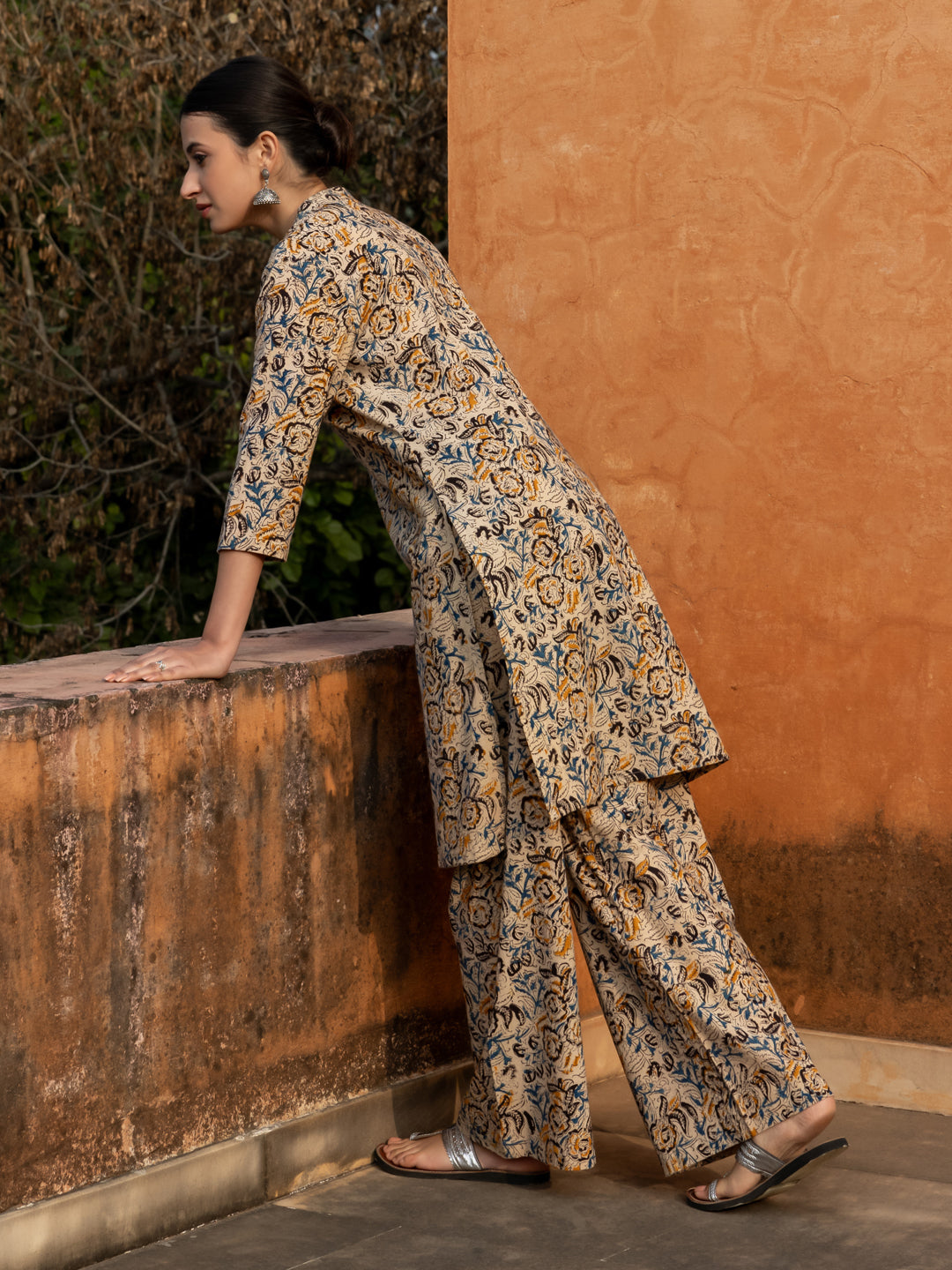 FIORRA Women's Beige Floral Print Cotton Straight Kurta Set