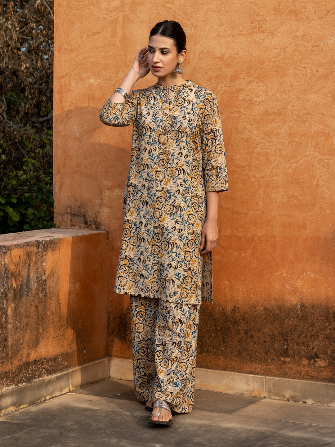 FIORRA Women's Beige Floral Print Cotton Straight Kurta Set