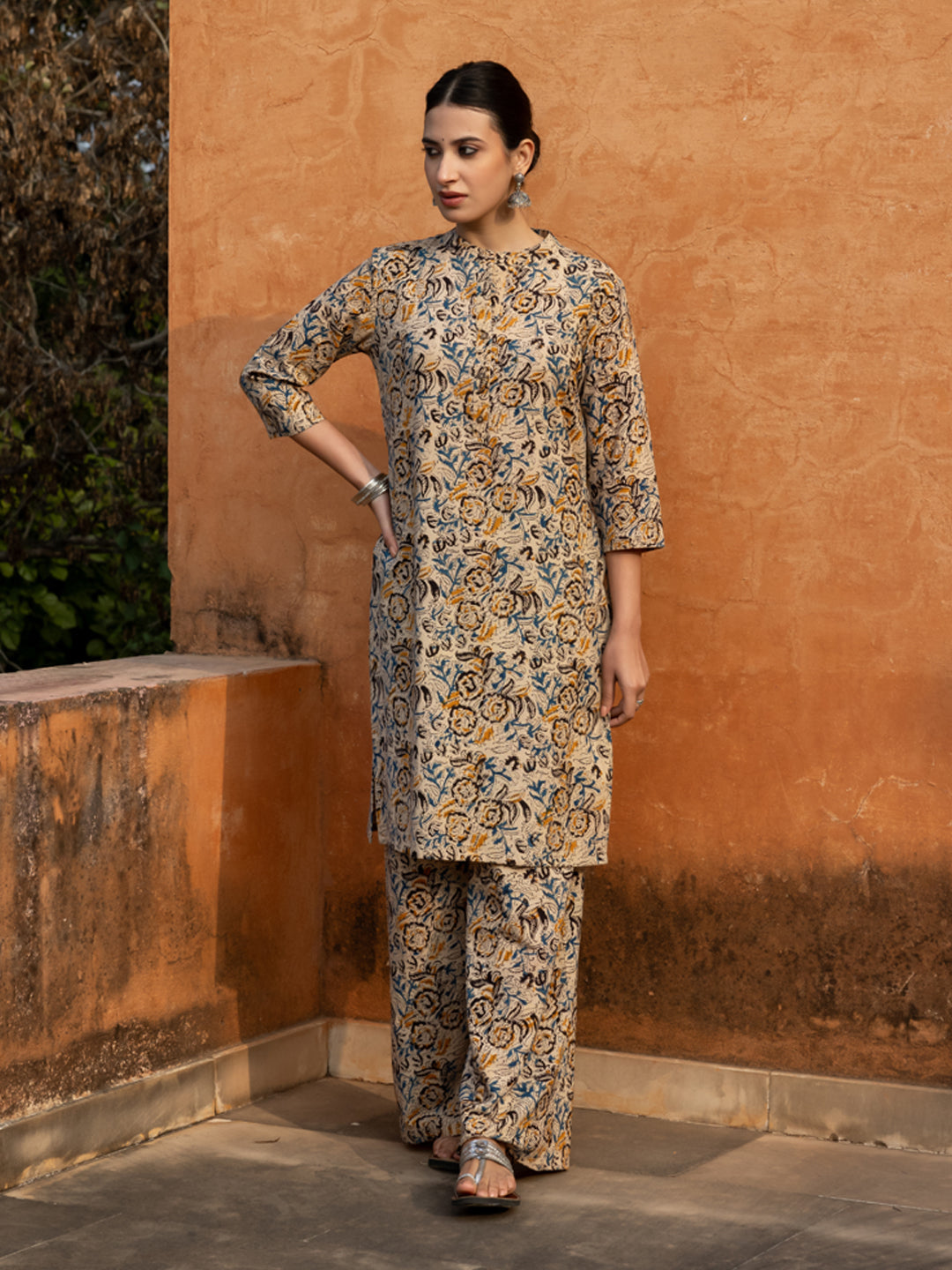 FIORRA Women's Beige Floral Print Cotton Straight Kurta Set