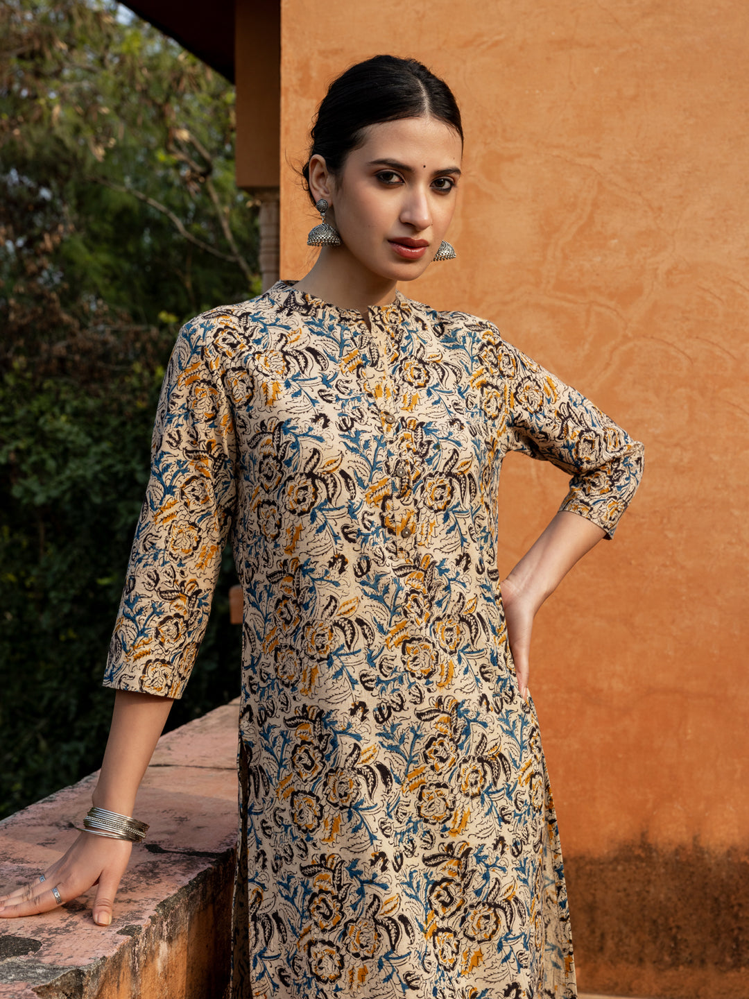 FIORRA Women's Beige Floral Print Cotton Straight Kurta Set