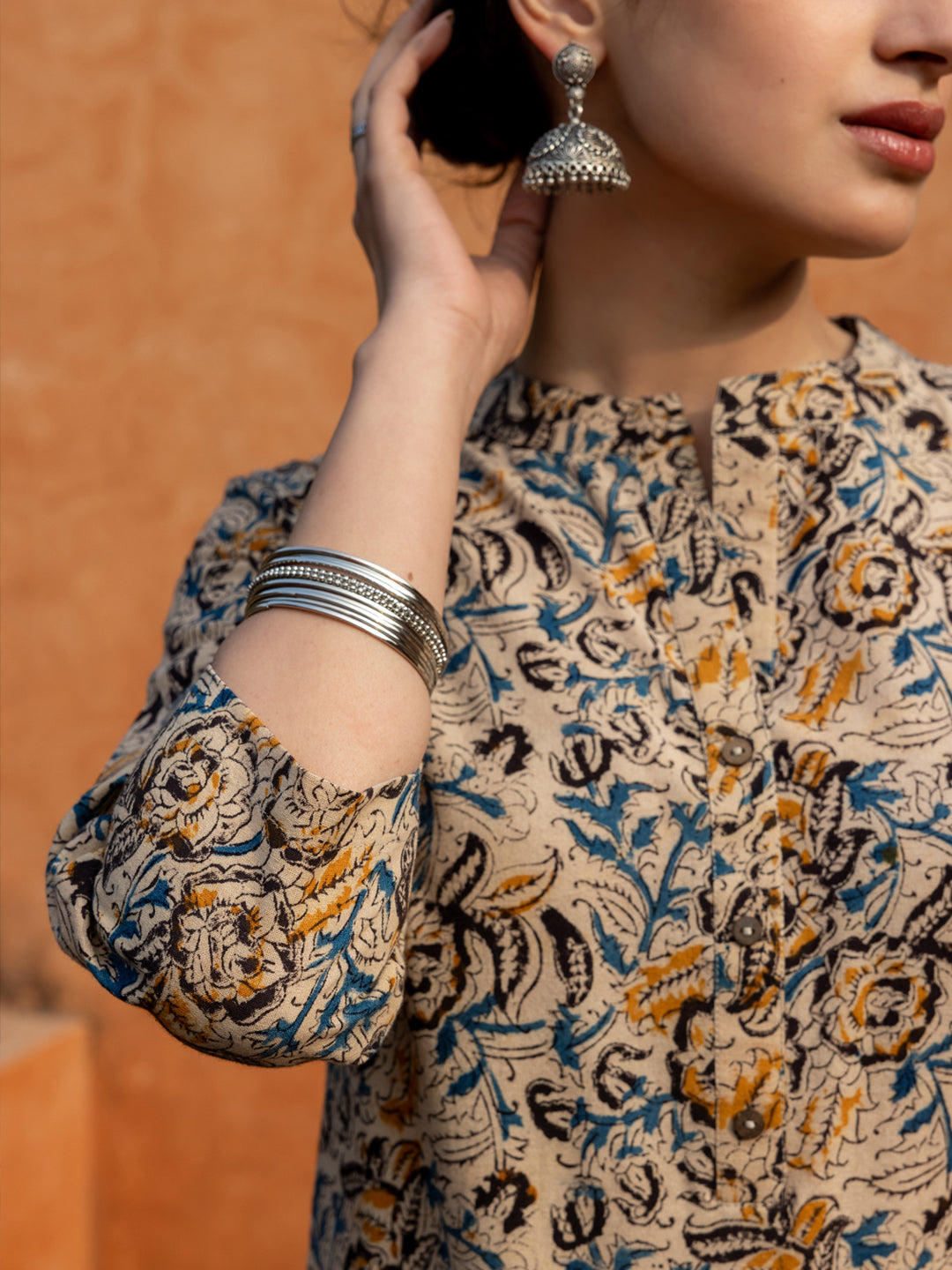 FIORRA Women's Beige Floral Print Cotton Straight Kurta Set