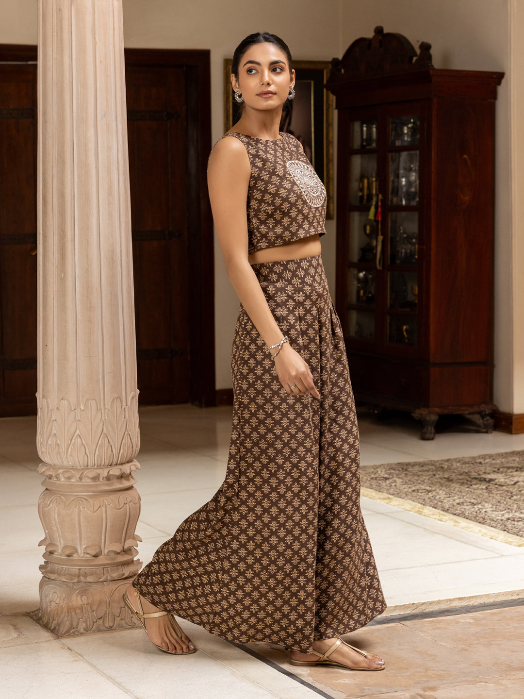 FIORRA Women's Brown Cotton Printed Co-ord Set