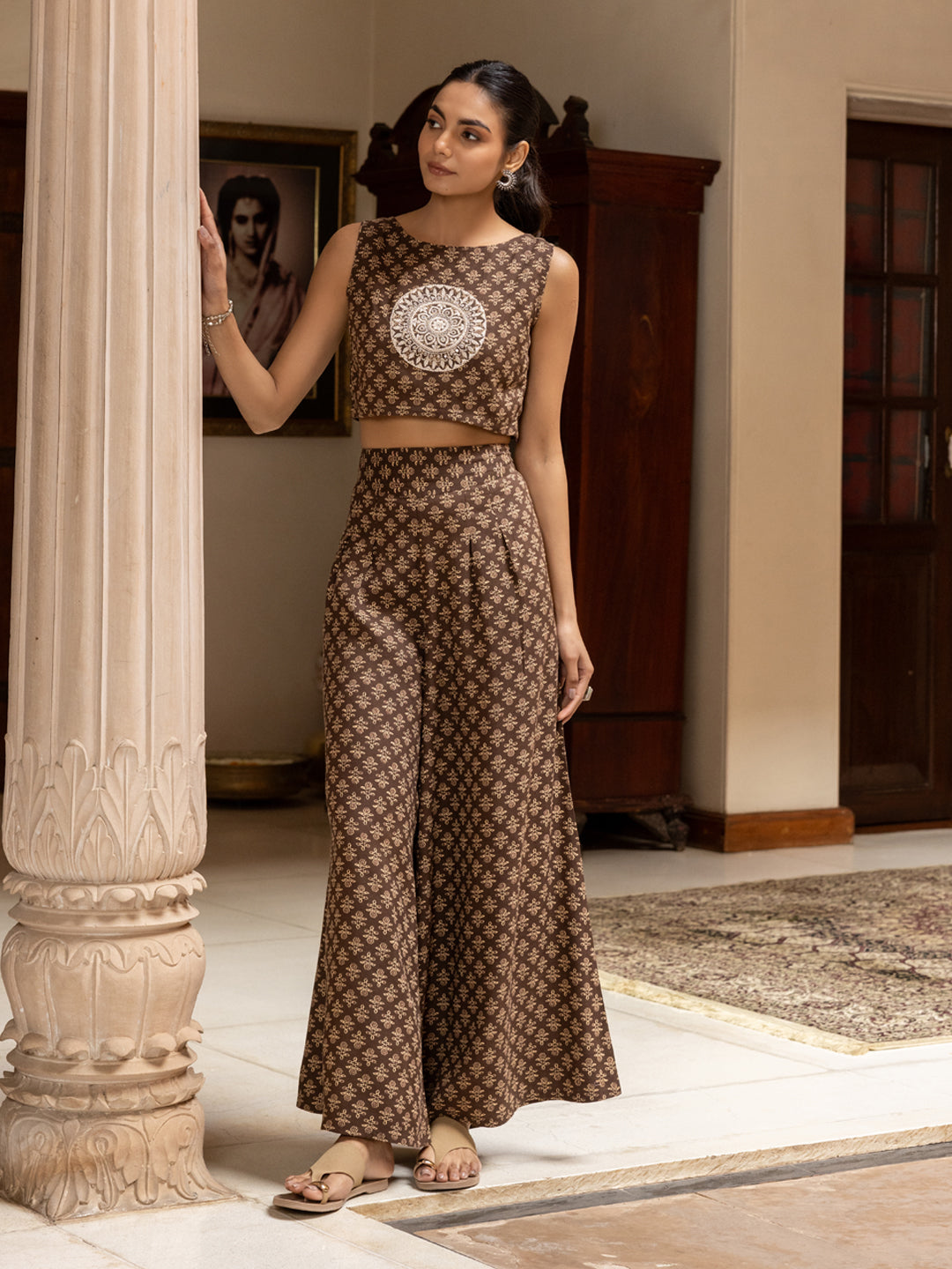 FIORRA Women's Brown Cotton Printed Co-ord Set