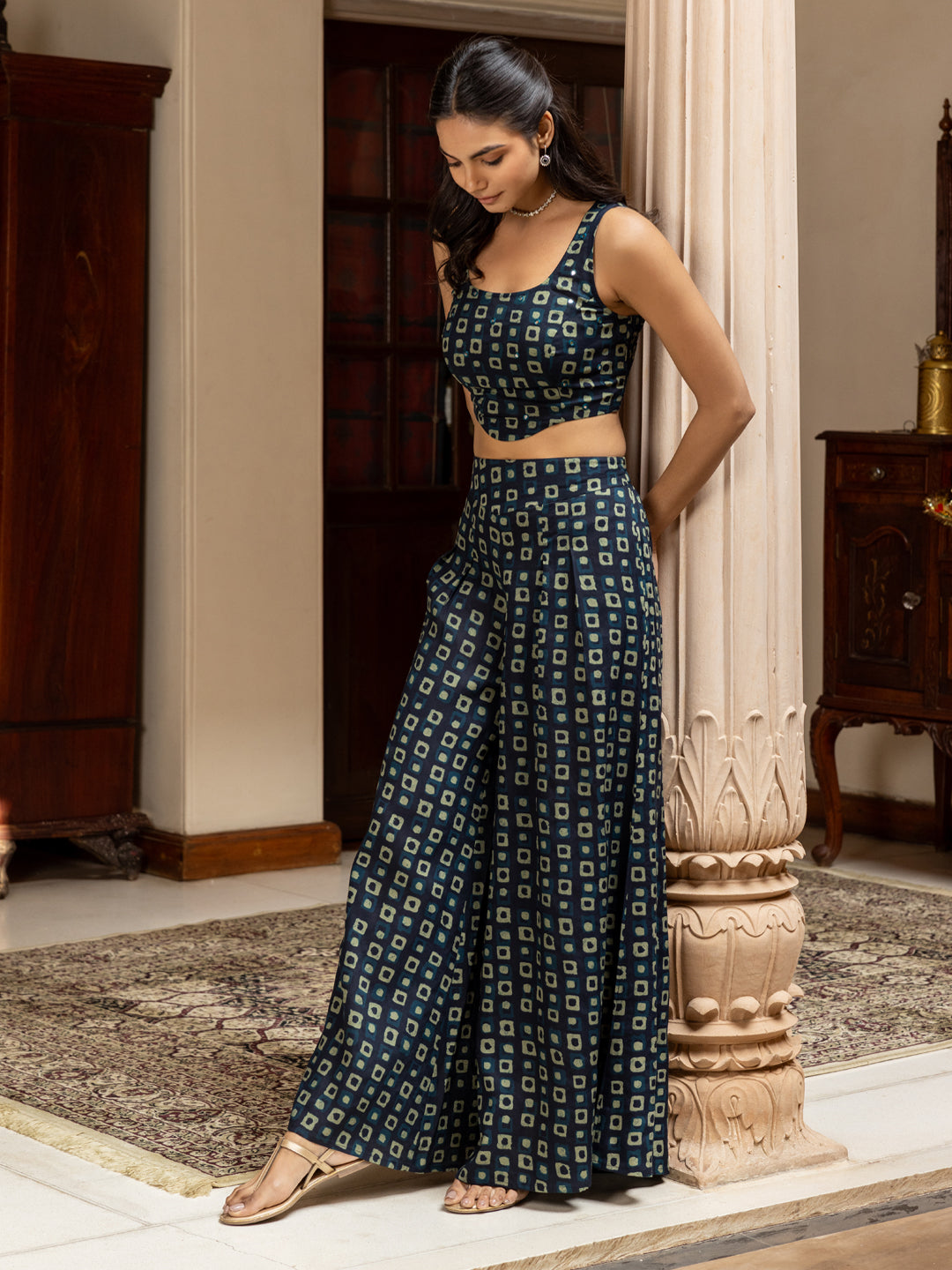 FIORRA Women's Navy Blue Cotton Printed Co-ord Set