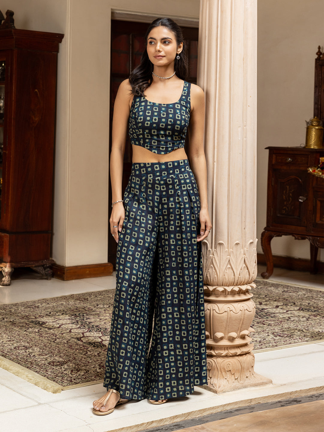 FIORRA Women's Navy Blue Cotton Printed Co-ord Set