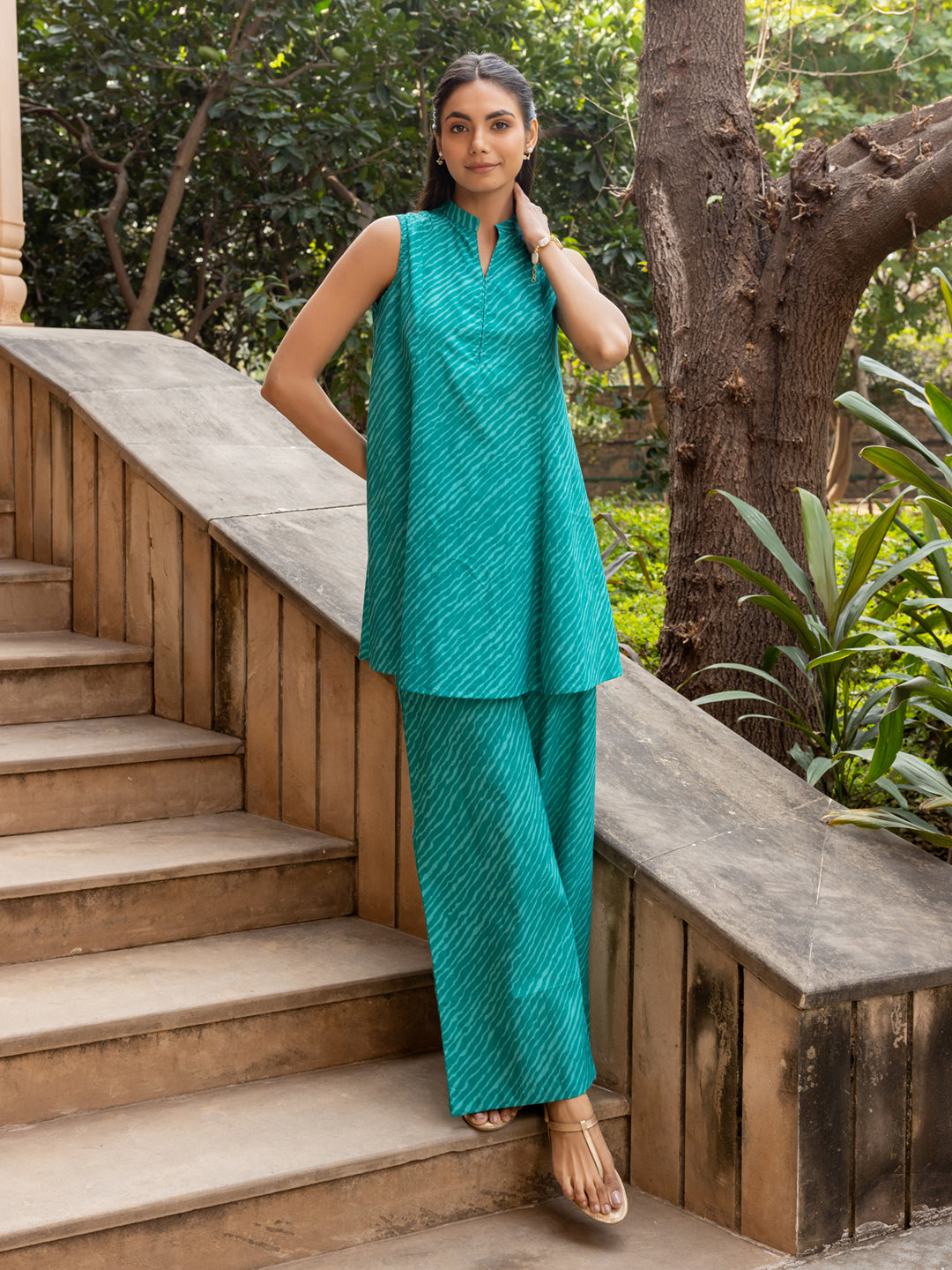 FIORRA Women's Teal Green Cotton Printed Co-ord Set