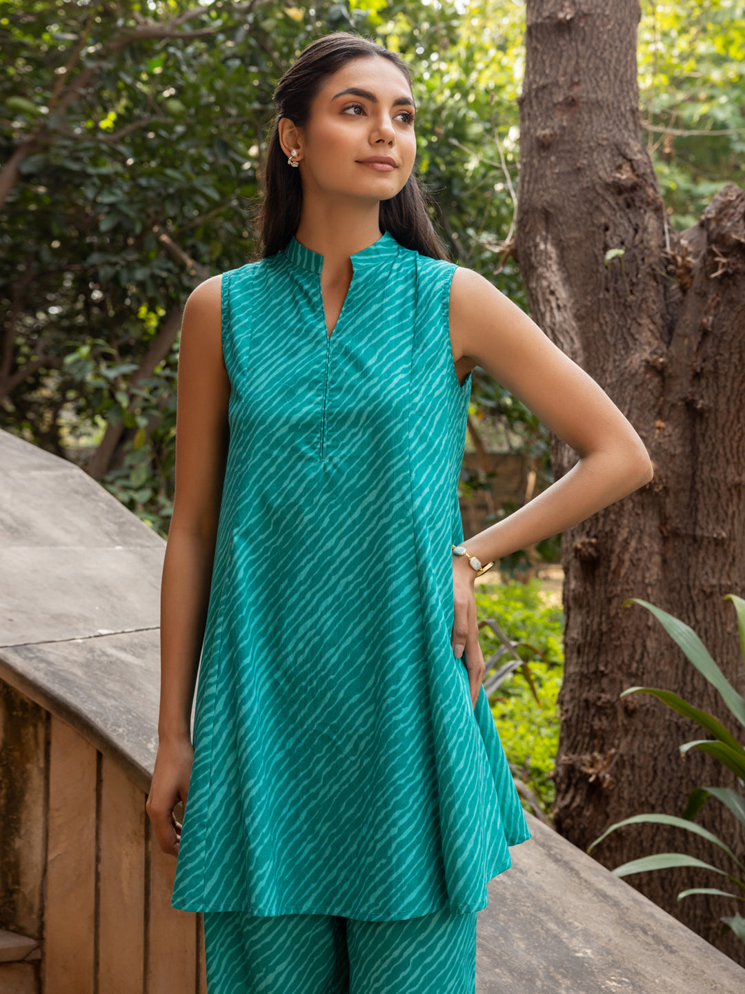 FIORRA Women's Teal Green Cotton Printed Co-ord Set