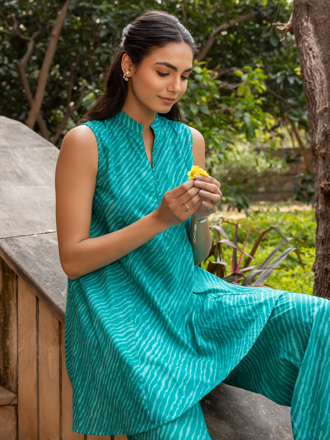 FIORRA Women's Teal Green Cotton Printed Co-ord Set