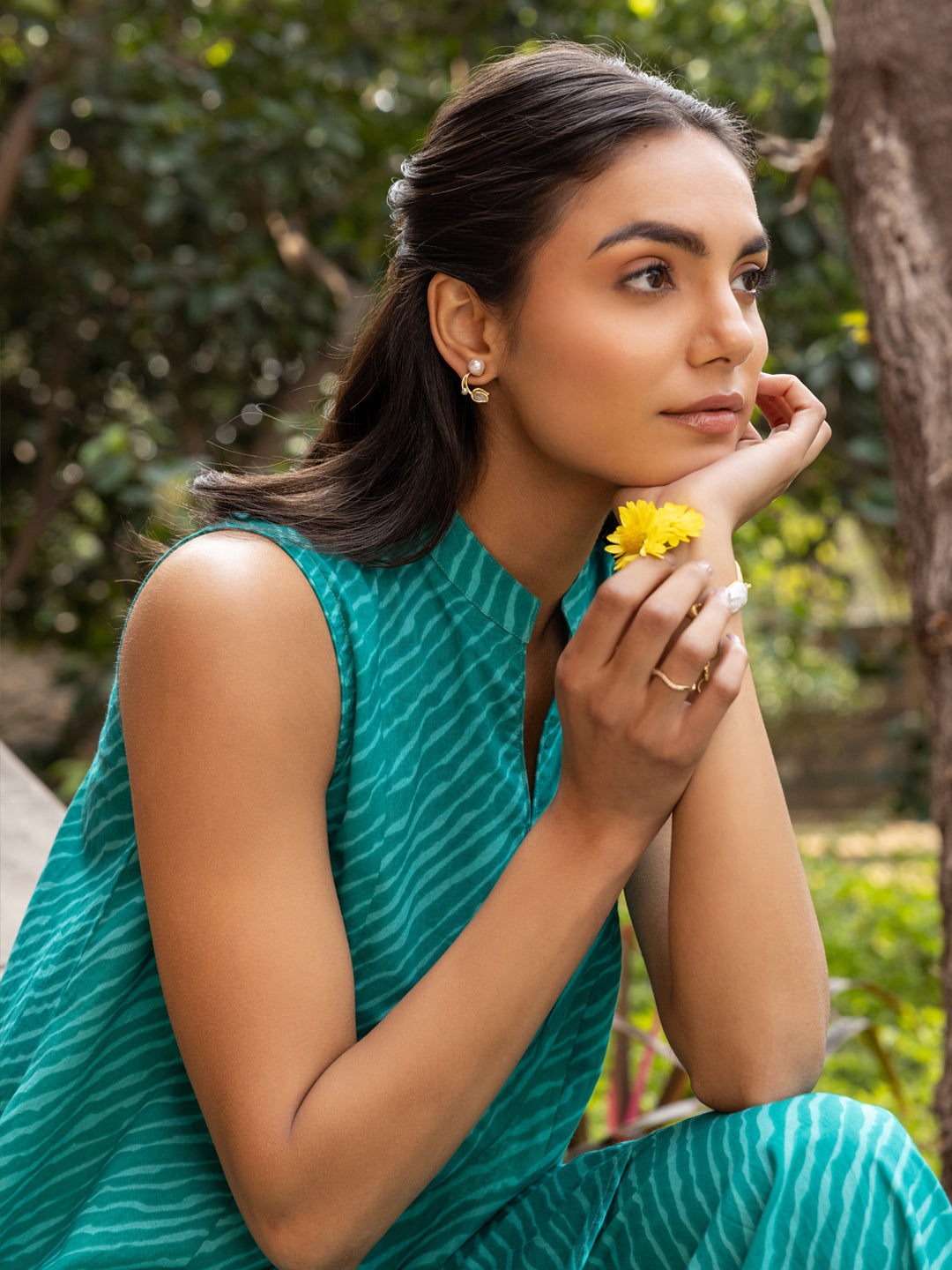 FIORRA Women's Teal Green Cotton Printed Co-ord Set