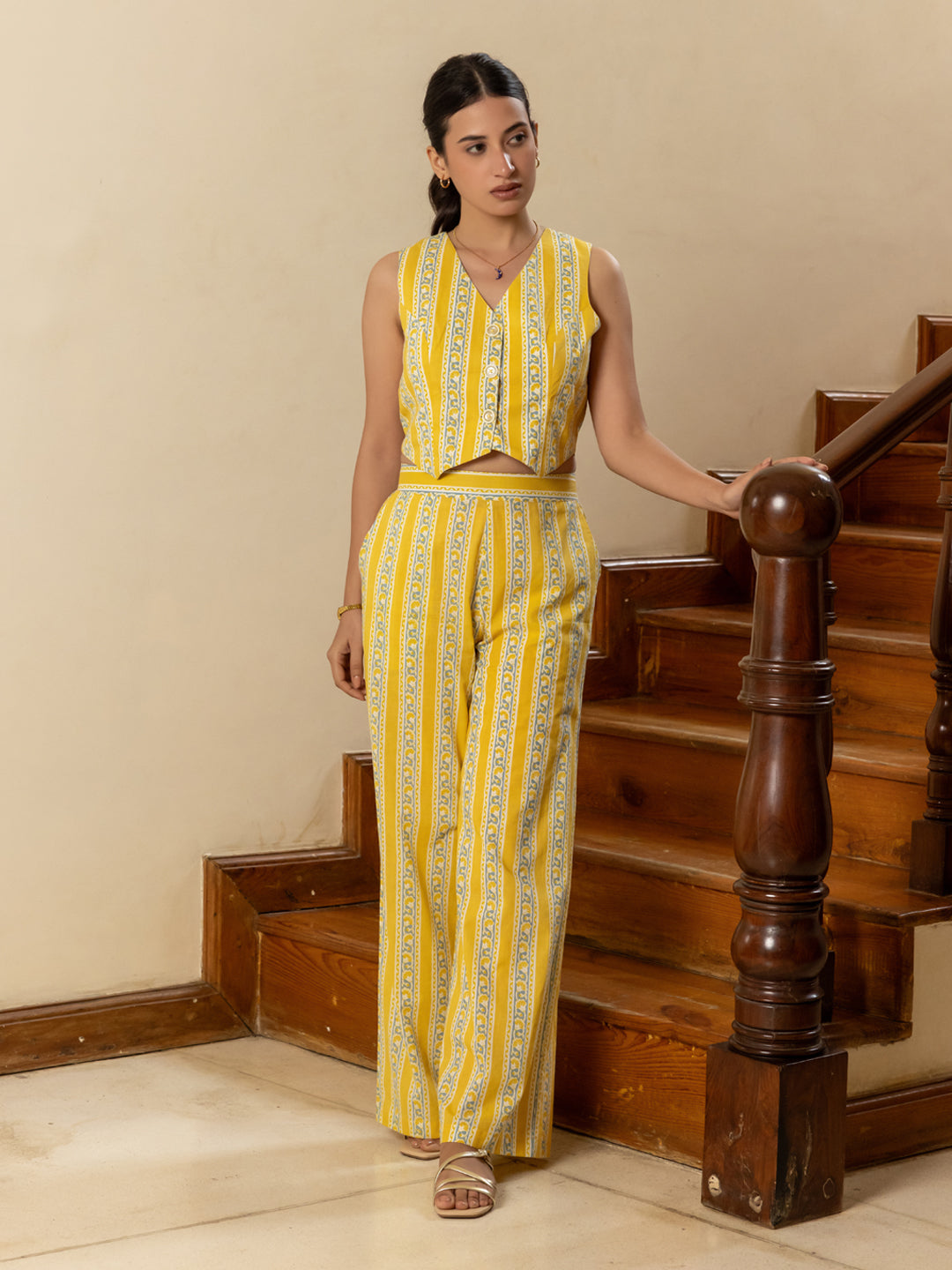 FIORRA Women's Yellow Cotton Printed Co-ord Set