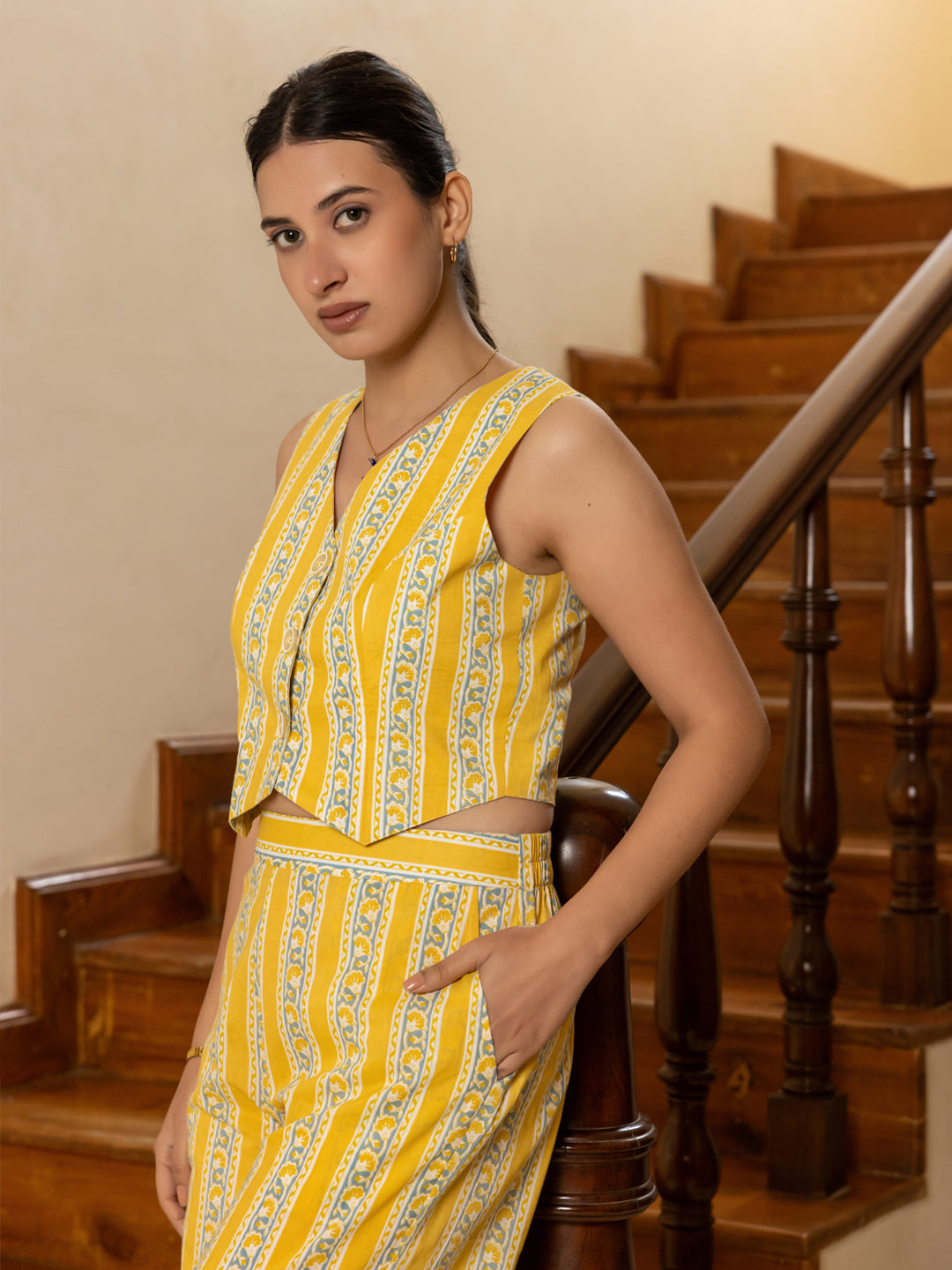 FIORRA Women's Yellow Cotton Printed Co-ord Set