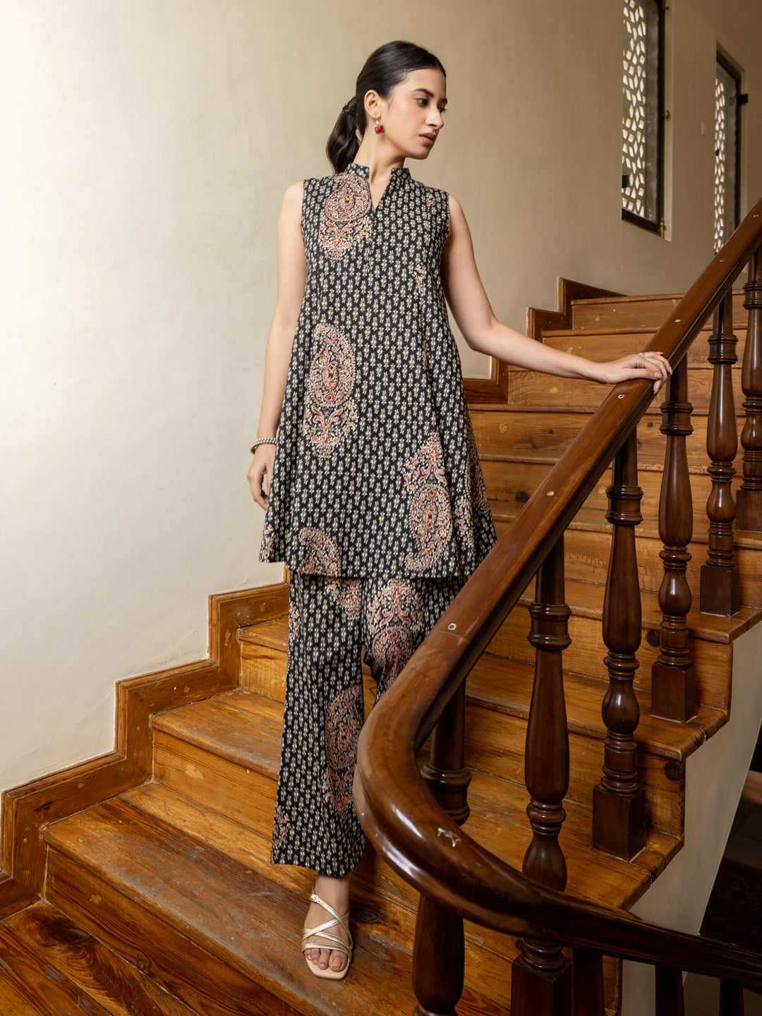 FIORRA Women's Black Printed Cotton Co-ord Set