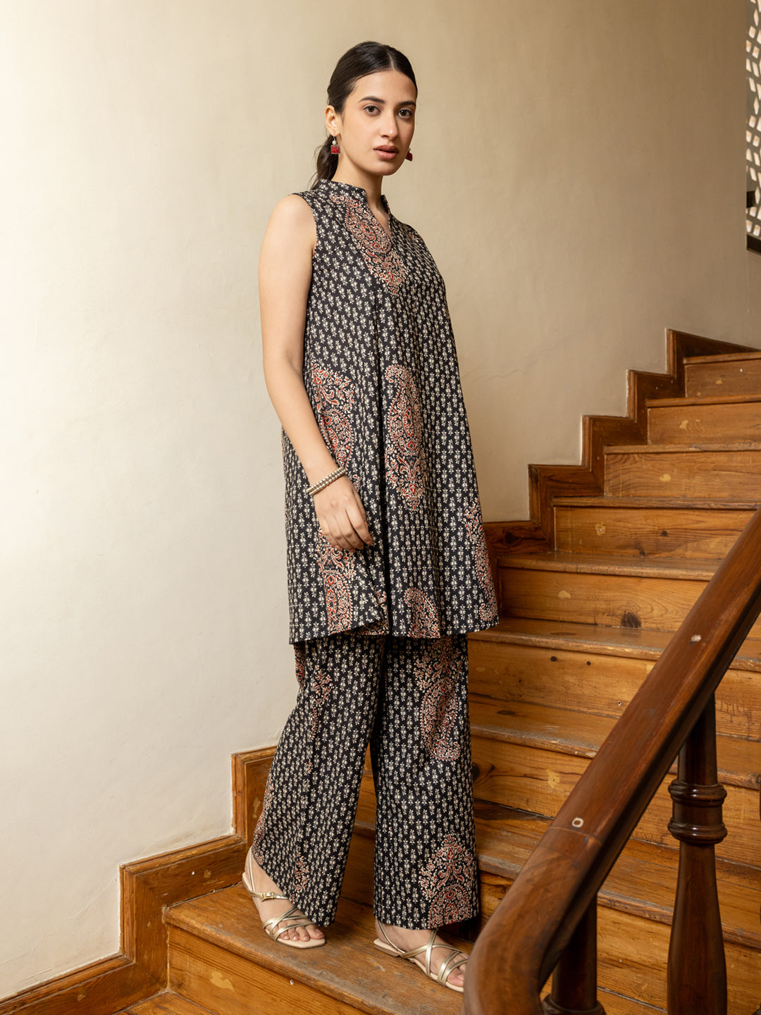 FIORRA Women's Black Printed Cotton Co-ord Set