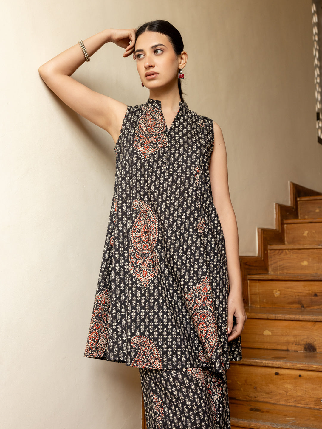 FIORRA Women's Black Printed Cotton Co-ord Set