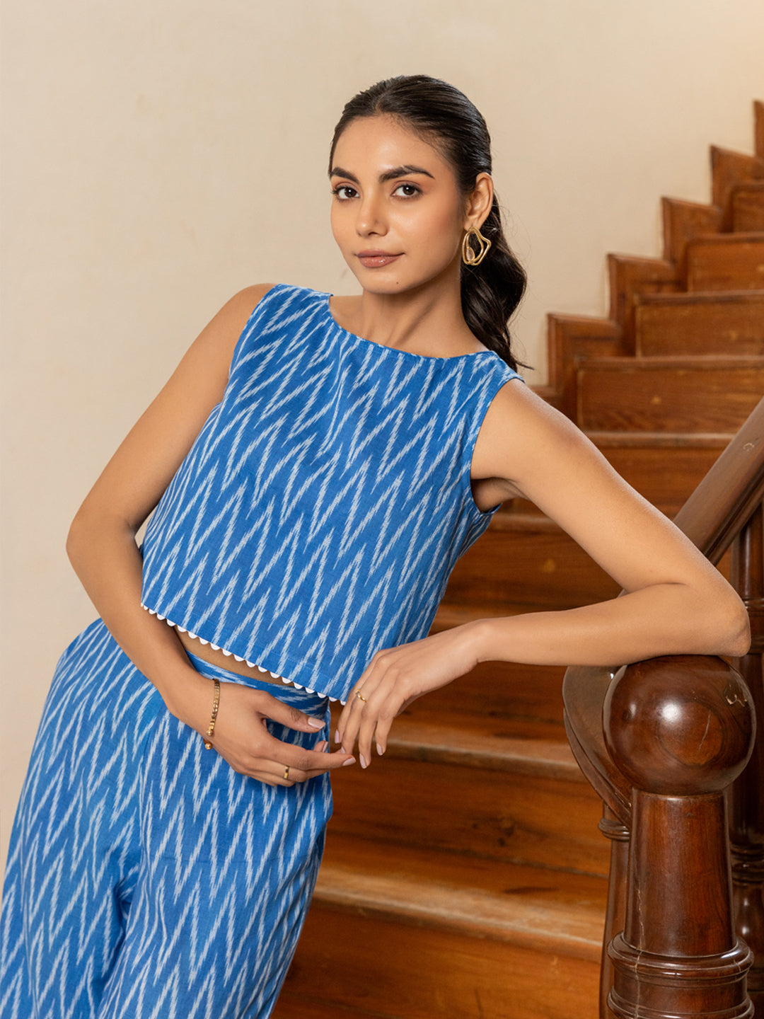 FIORRA Women's Blue Printed Cotton Co-ord Set