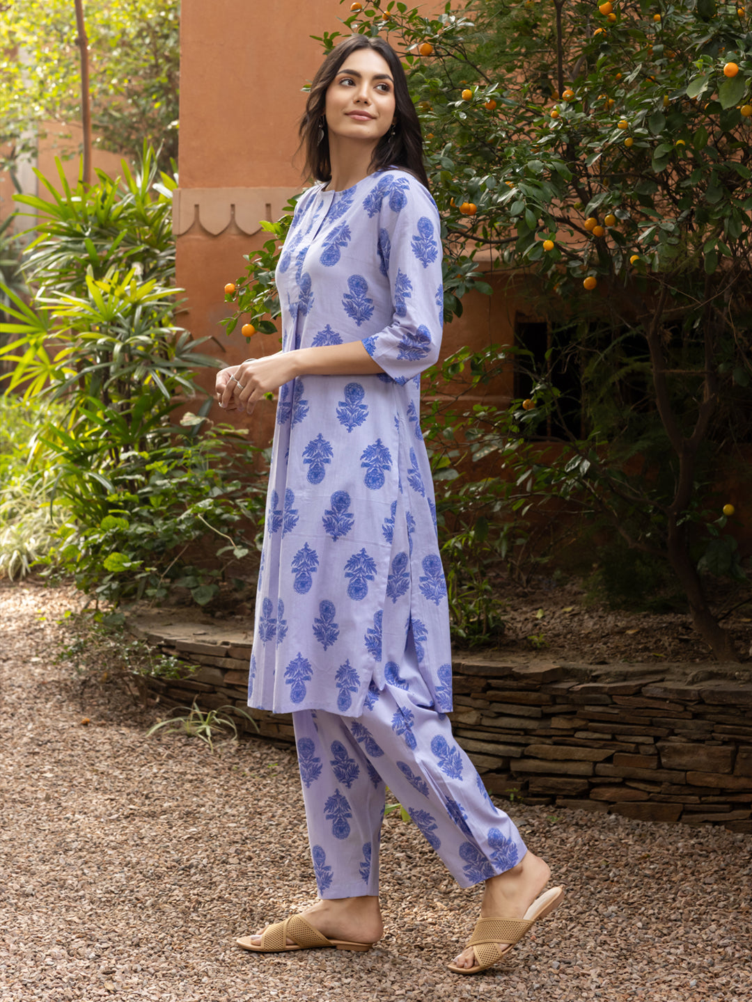 FIORRA Women's Blue Cotton Flared Kurta Set