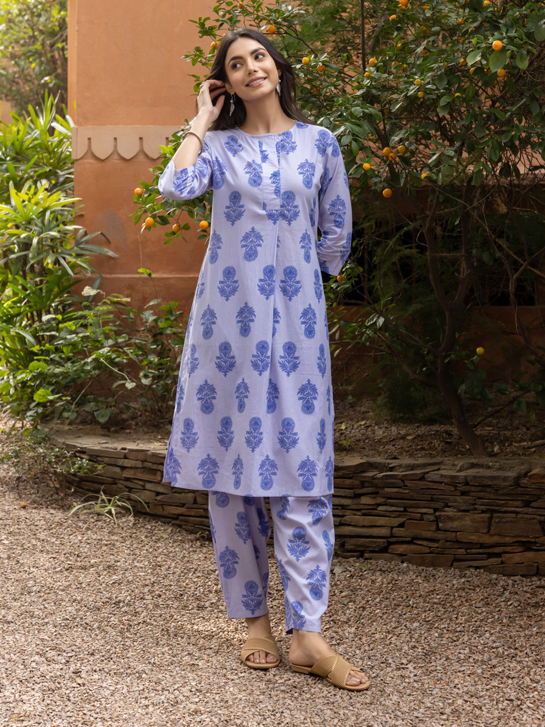 FIORRA Women's Blue Cotton Flared Kurta Set