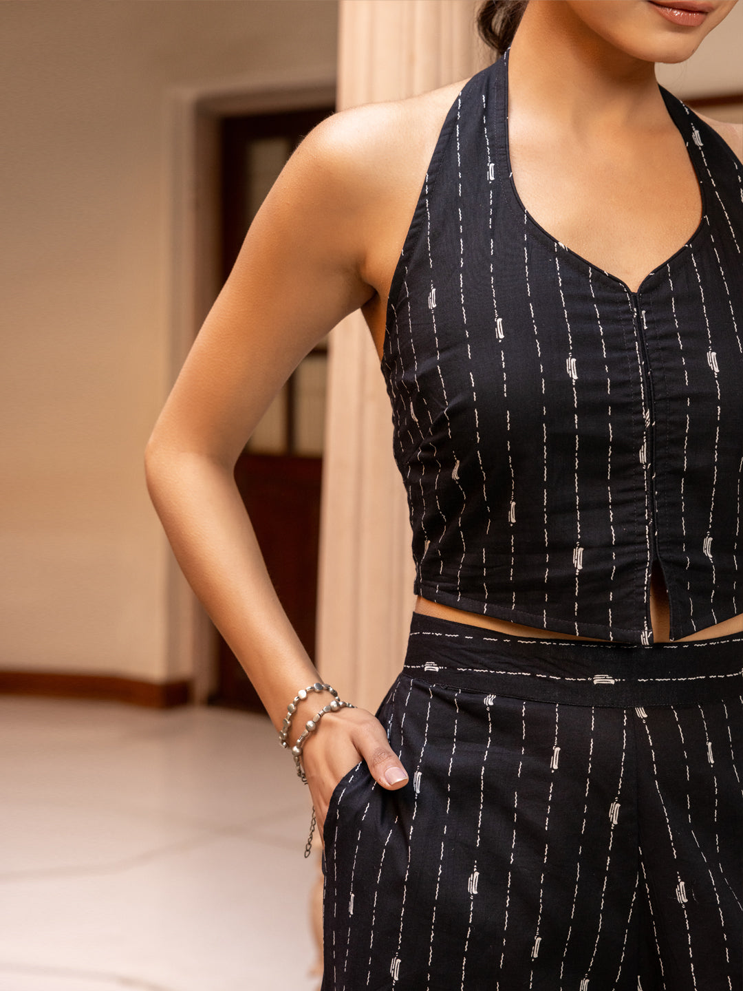 FIORRA Women's Black Printed Cotton Co-ord Set