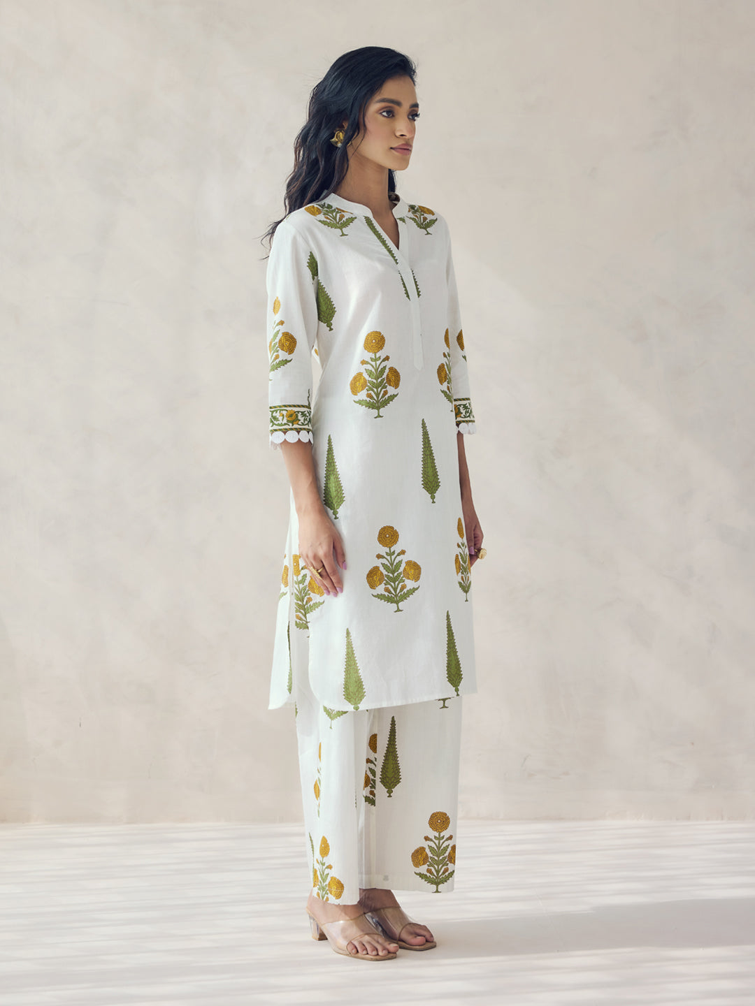 FIORRA Women's Off-White Floral Print Cotton Straight Kurta Set