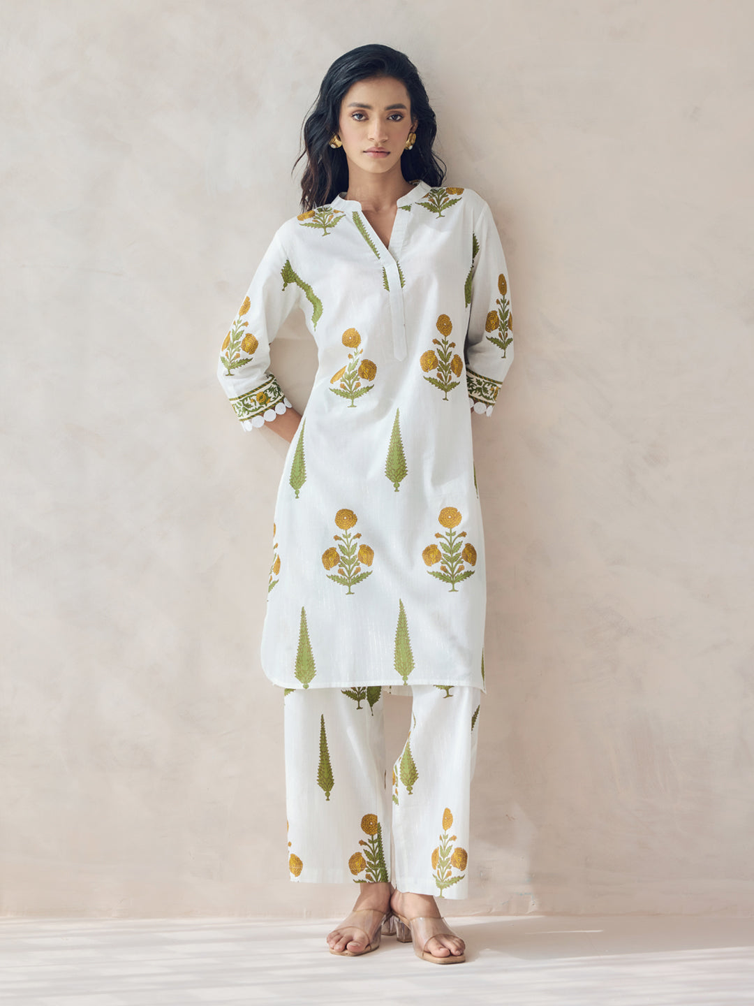 FIORRA Women's Off-White Floral Print Cotton Straight Kurta Set