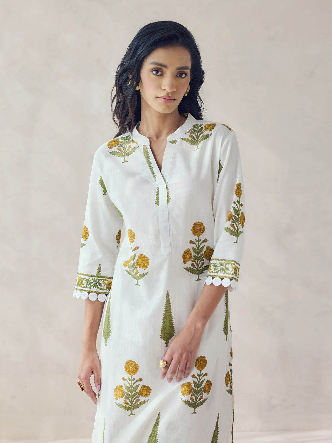 FIORRA Women's Off-White Floral Print Cotton Straight Kurta Set