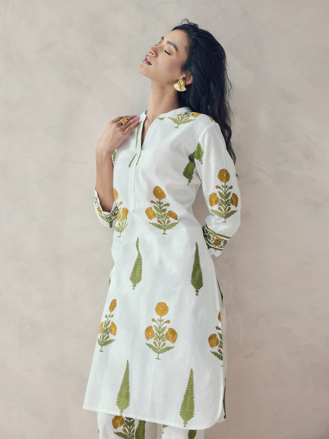 FIORRA Women's Off-White Floral Print Cotton Straight Kurta Set