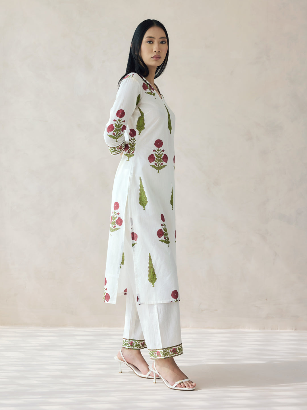 FIORRA Women's Off-White Floral Print Cotton Straight Kurta Set