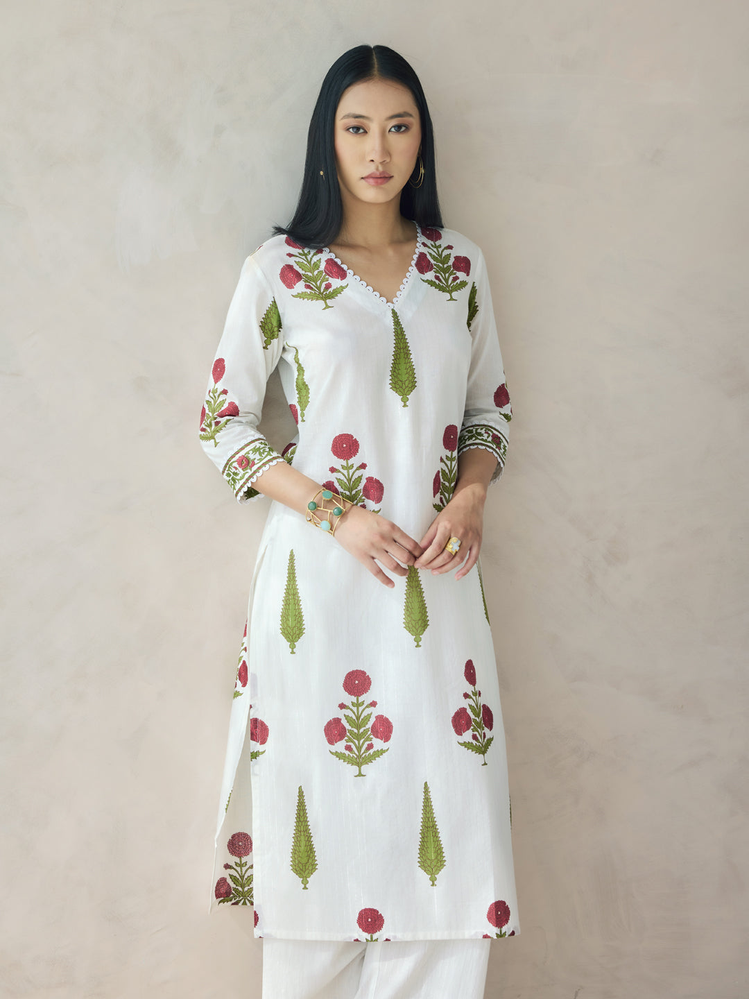 FIORRA Women's Off-White Floral Print Cotton Straight Kurta Set