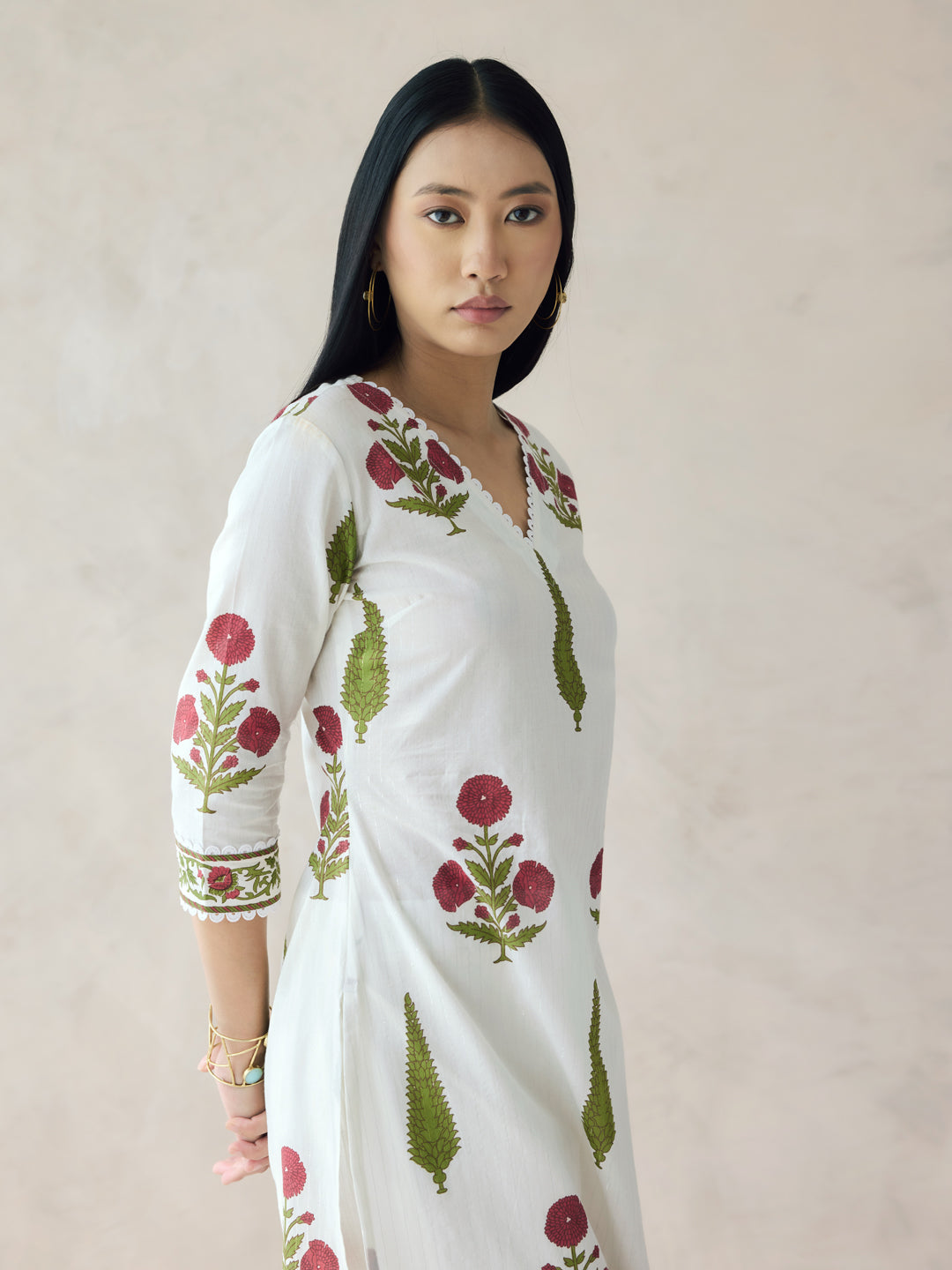 FIORRA Women's Off-White Floral Print Cotton Straight Kurta Set
