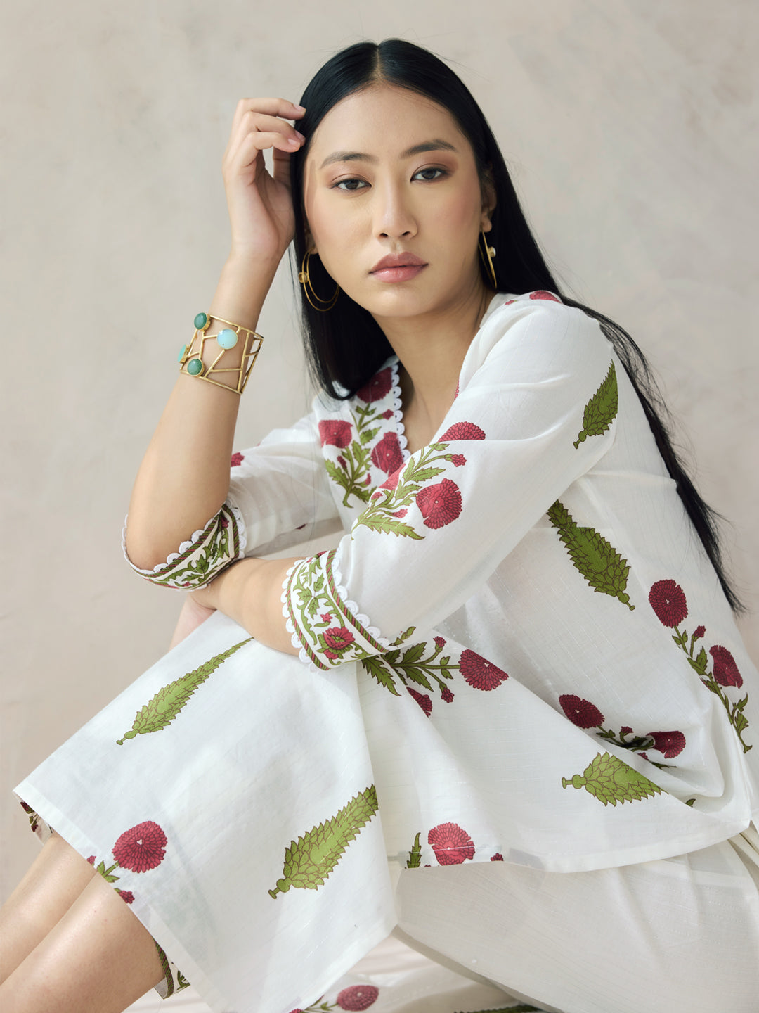 FIORRA Women's Off-White Floral Print Cotton Straight Kurta Set