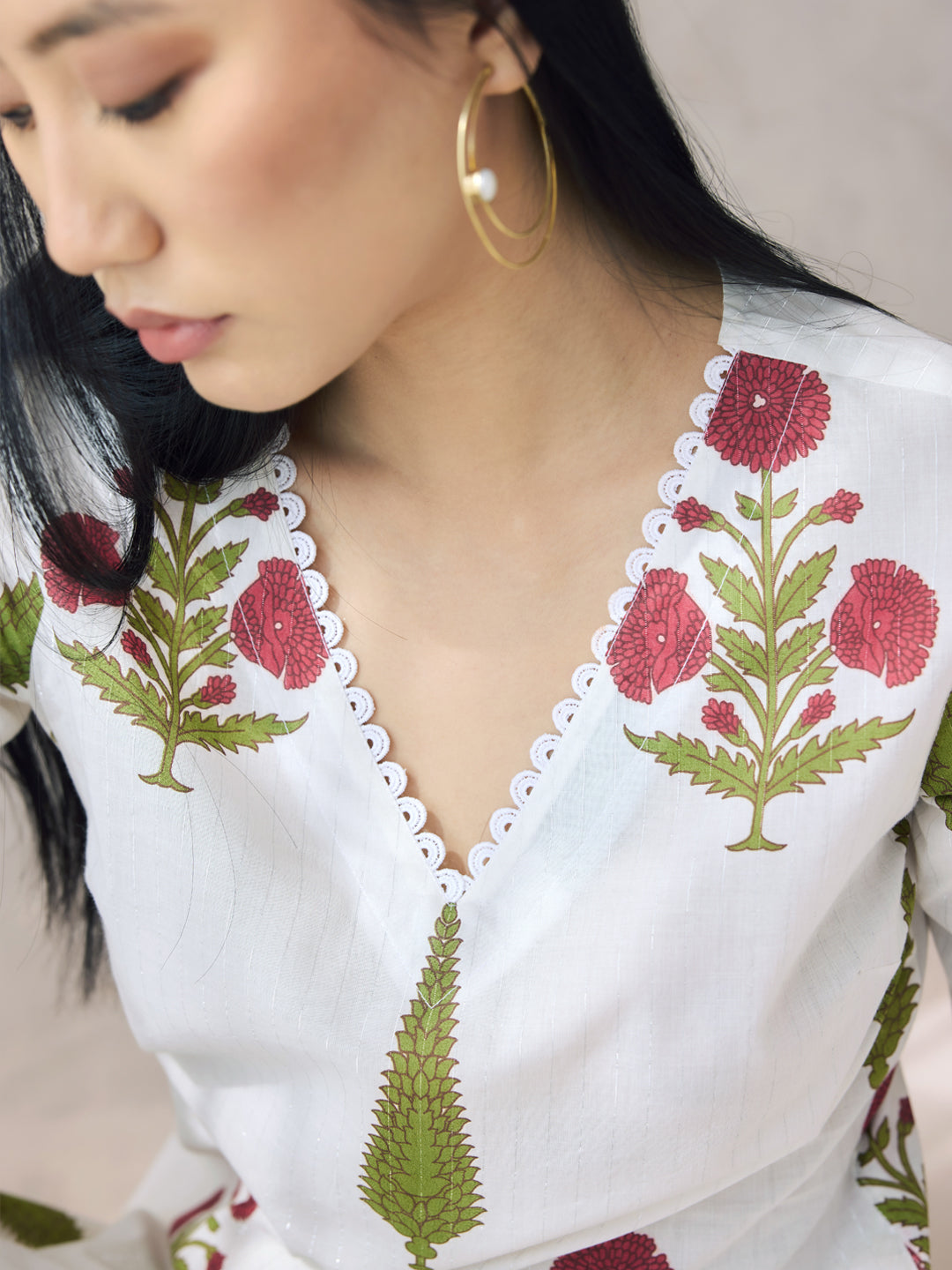 FIORRA Women's Off-White Floral Print Cotton Straight Kurta Set